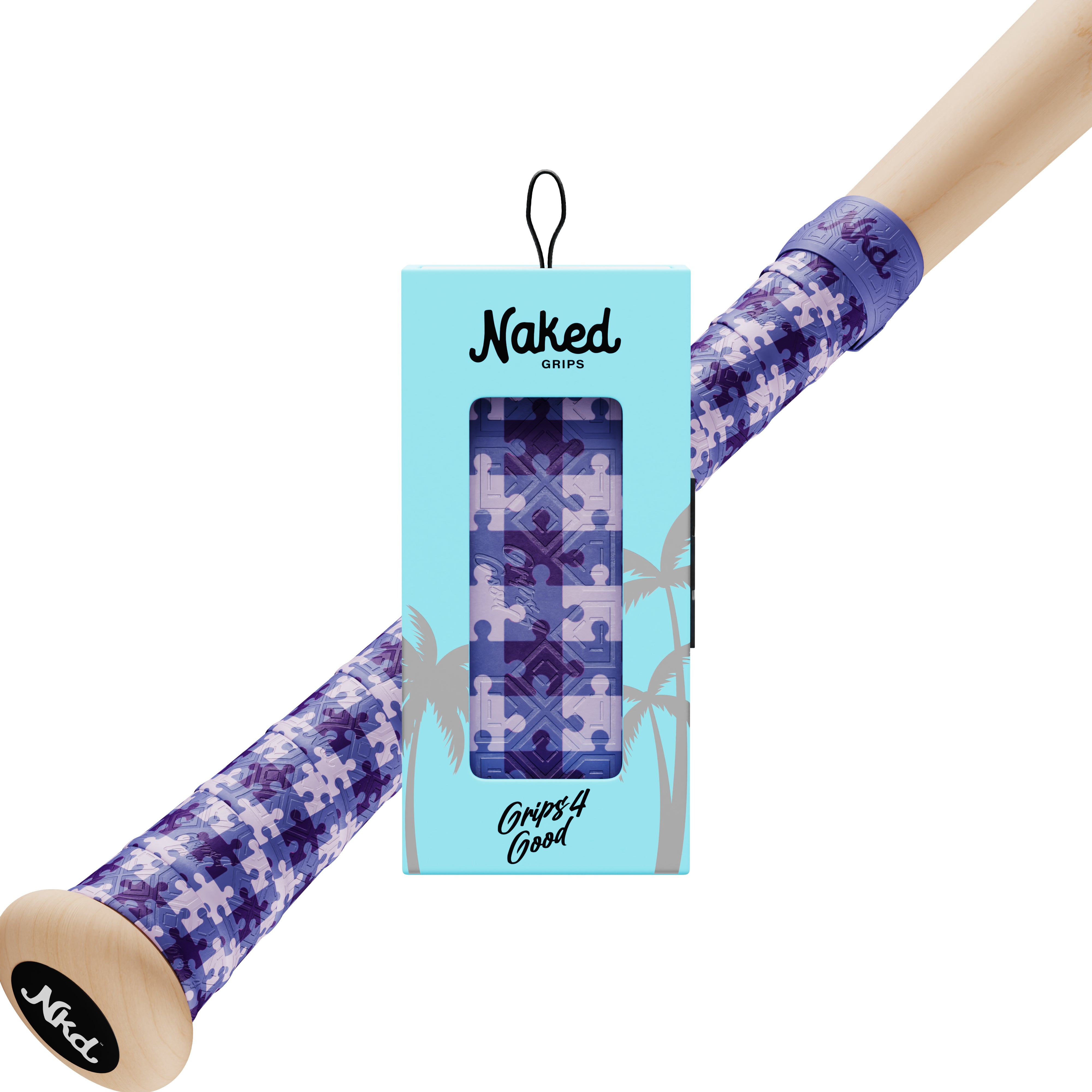 The naked grips Alzheimer bat grip in its packaging with a wooden bat wrapped with the Alzheimer bat grip on a white background.