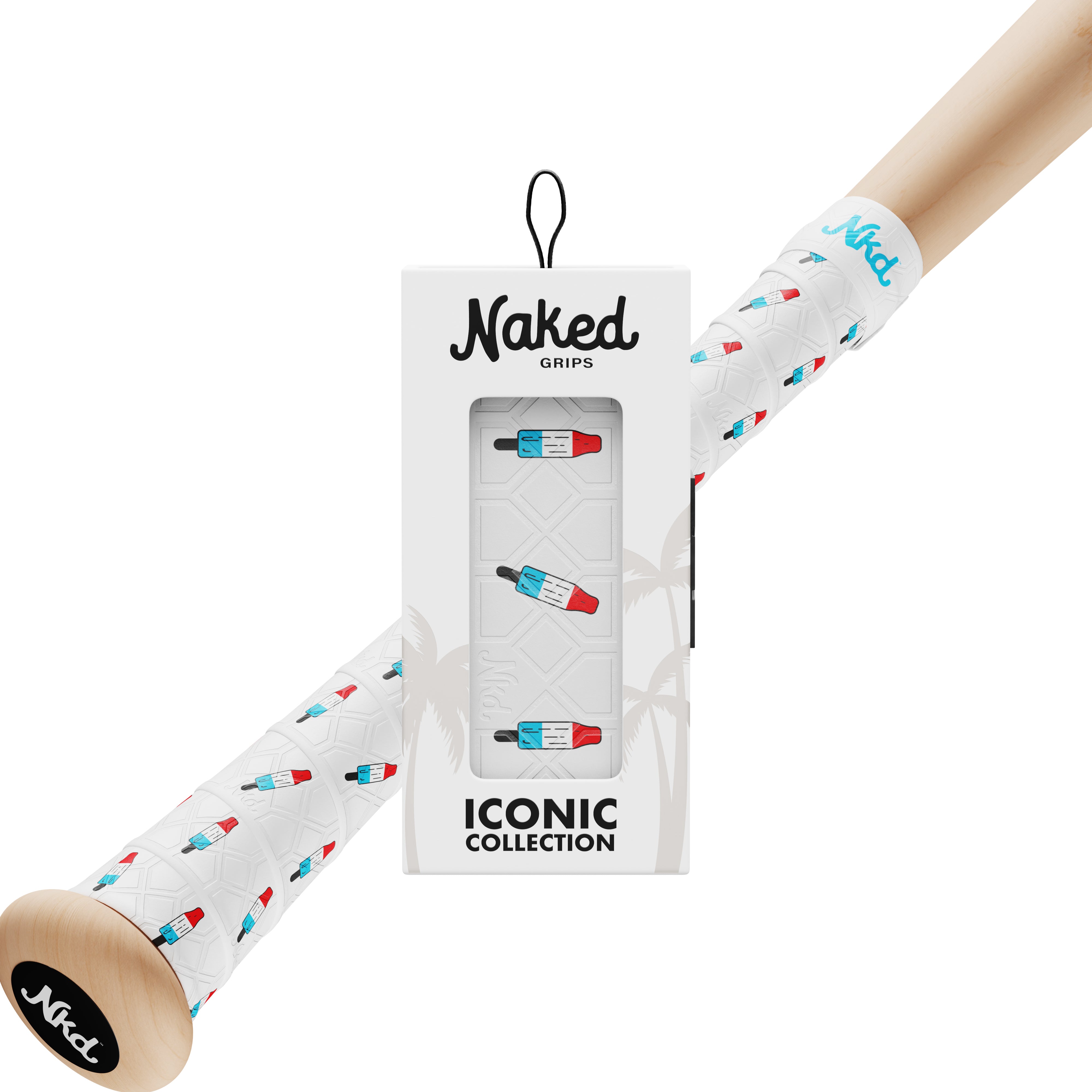 Naked grips American treat bat grip in its packaging with a wooden bat wrapped in the American treat bat grip on a white background.
