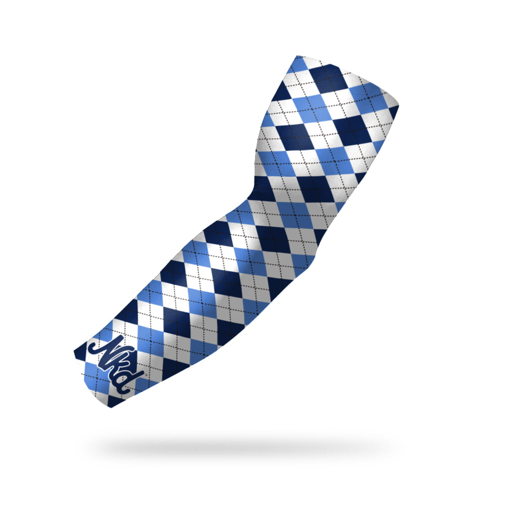 Photo of a white compression sleeve with a plaid dark blue and light blue pattern on a white background.