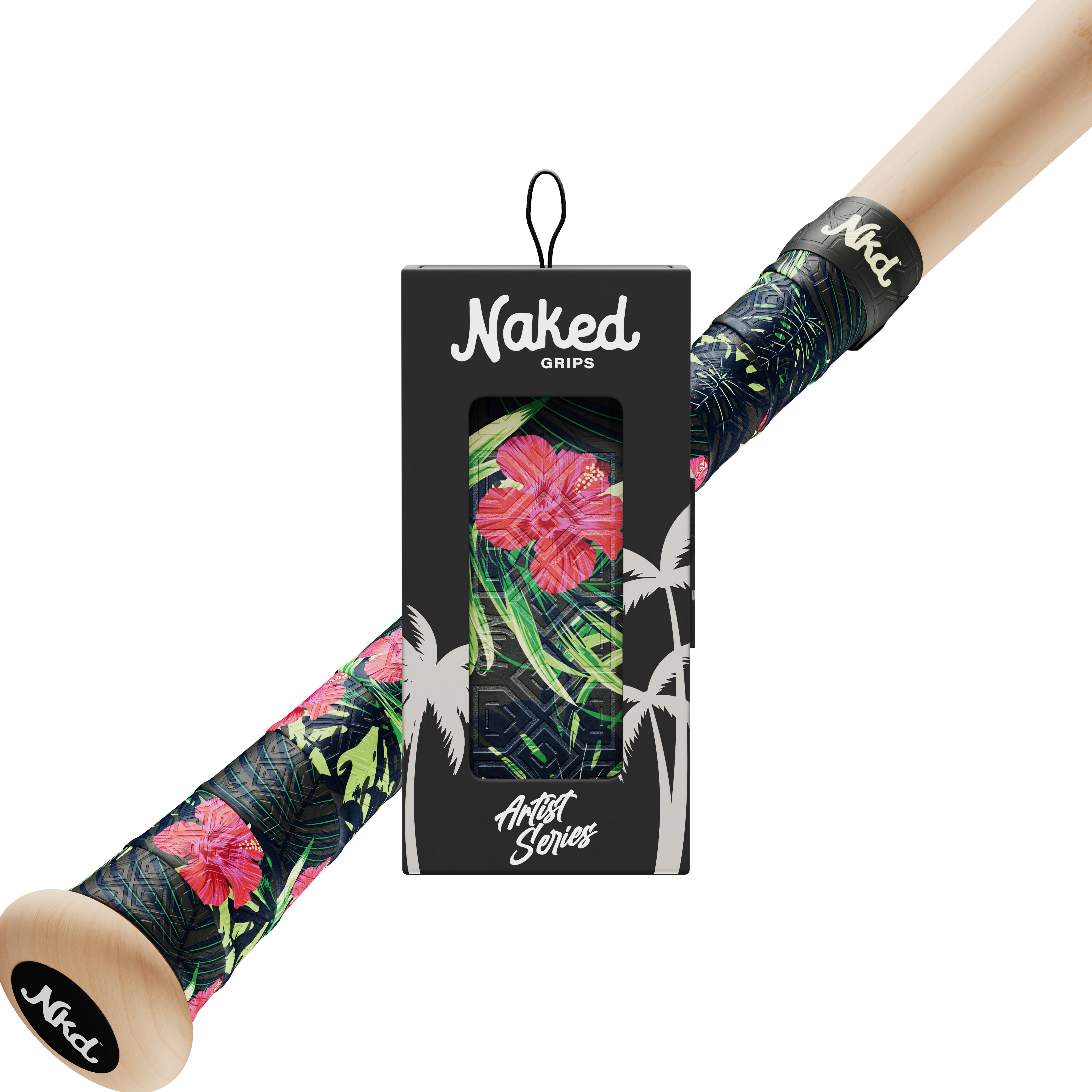 Naked grips tropical bat grip in its packaging with a wooden bat wrapped in the tropical bat grip on a white background.