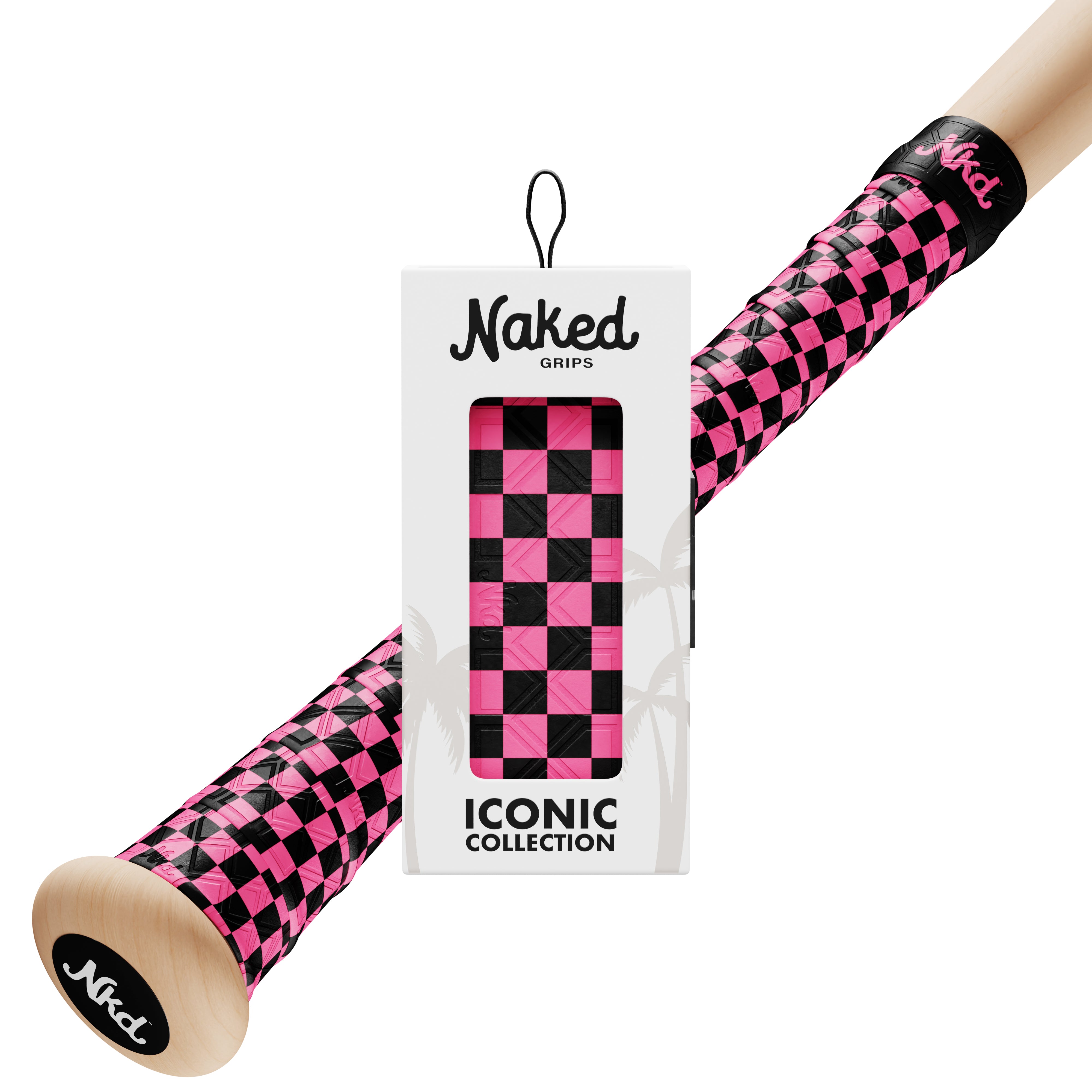 White Iconic collection bat grip package containing pink and black checkerboard pattern grip. Bat handle with black and pink checkerboard grip applied sits behind the grip package on a white background.