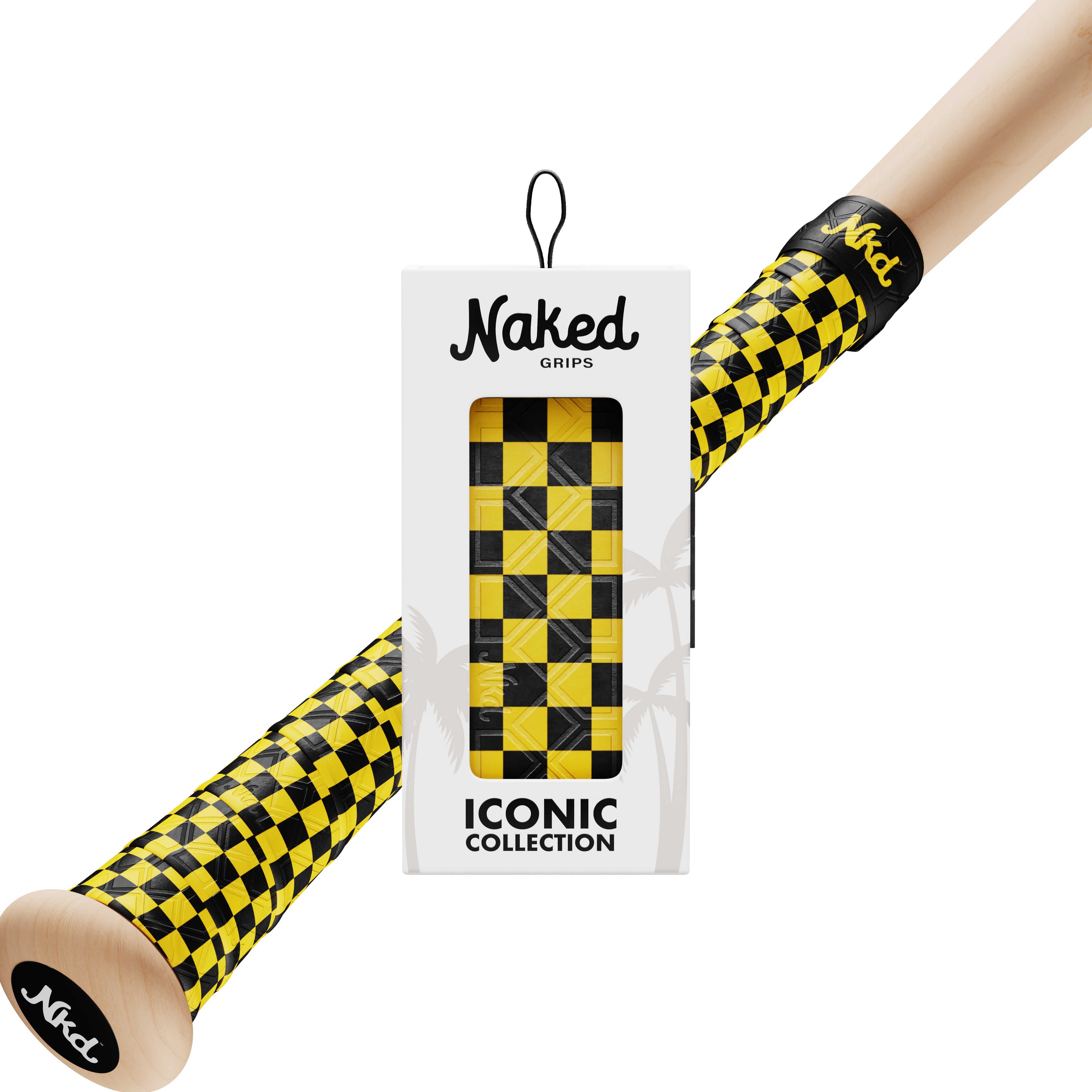 Black and Yellow Naked grip in its packaging with a wooden bat wrapped in the yellow and black checkerboard grip.