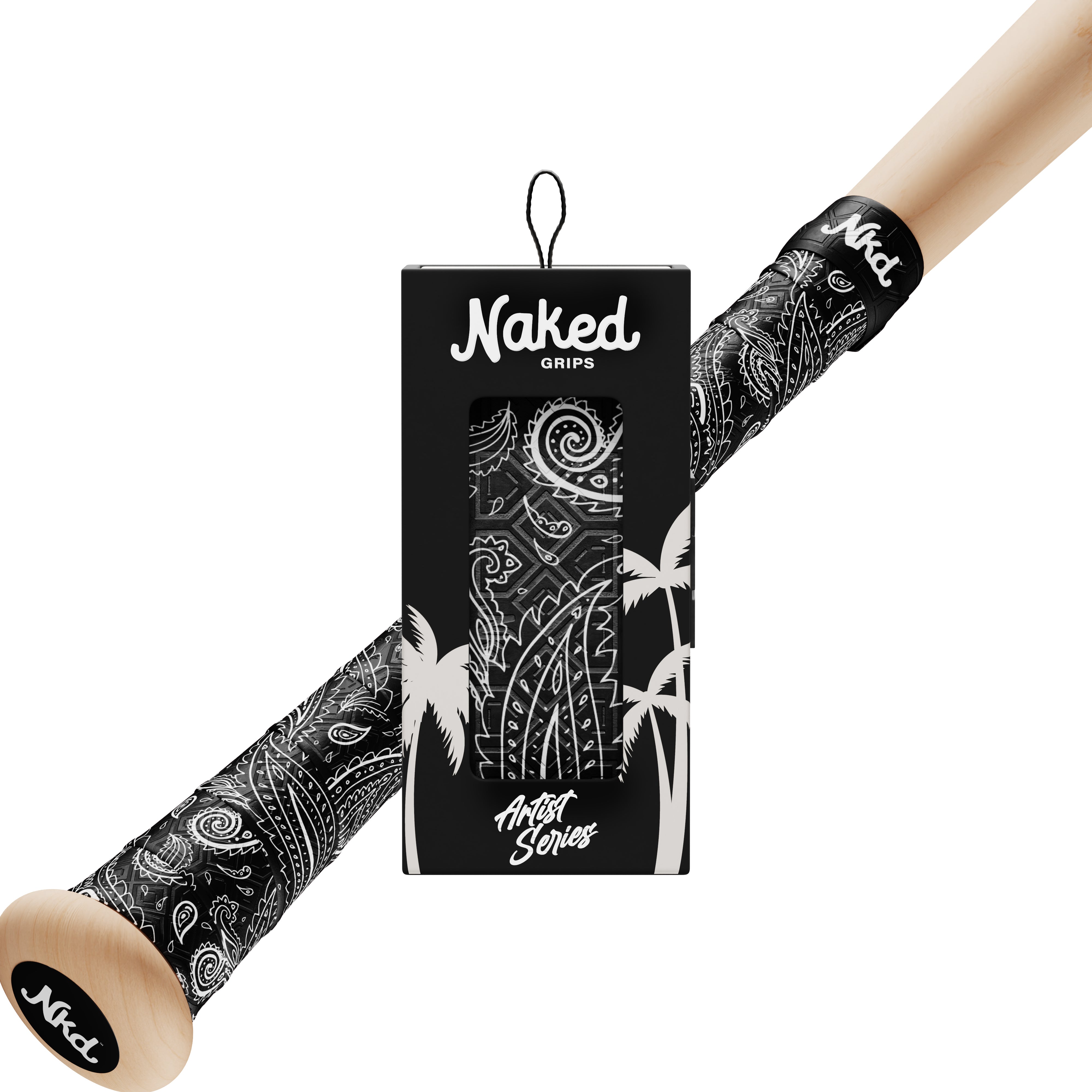 Photo of the black paisley bat grip in its packaging with a wooden bat wrapped in the black paisley bat grip on a white background.