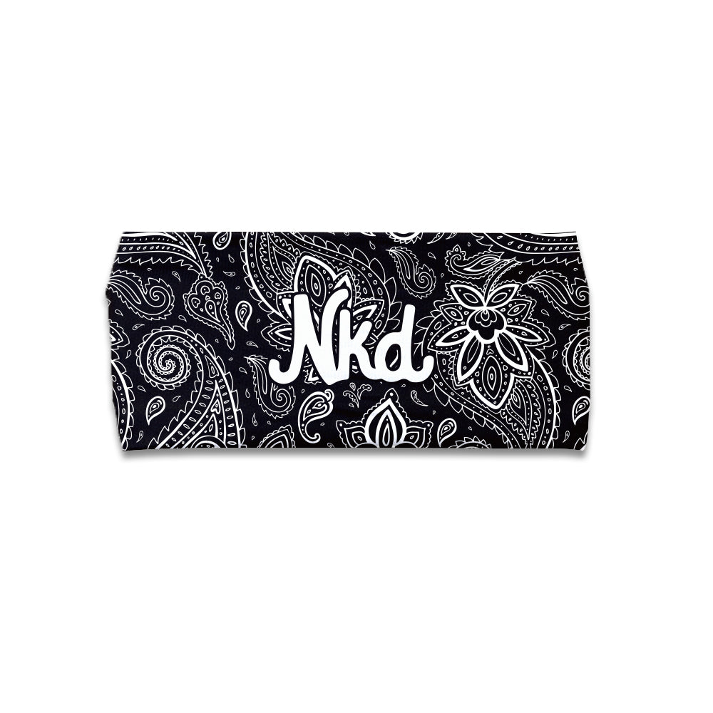 Photo of a black headband decorated with a white paisley pattern on a white background.
