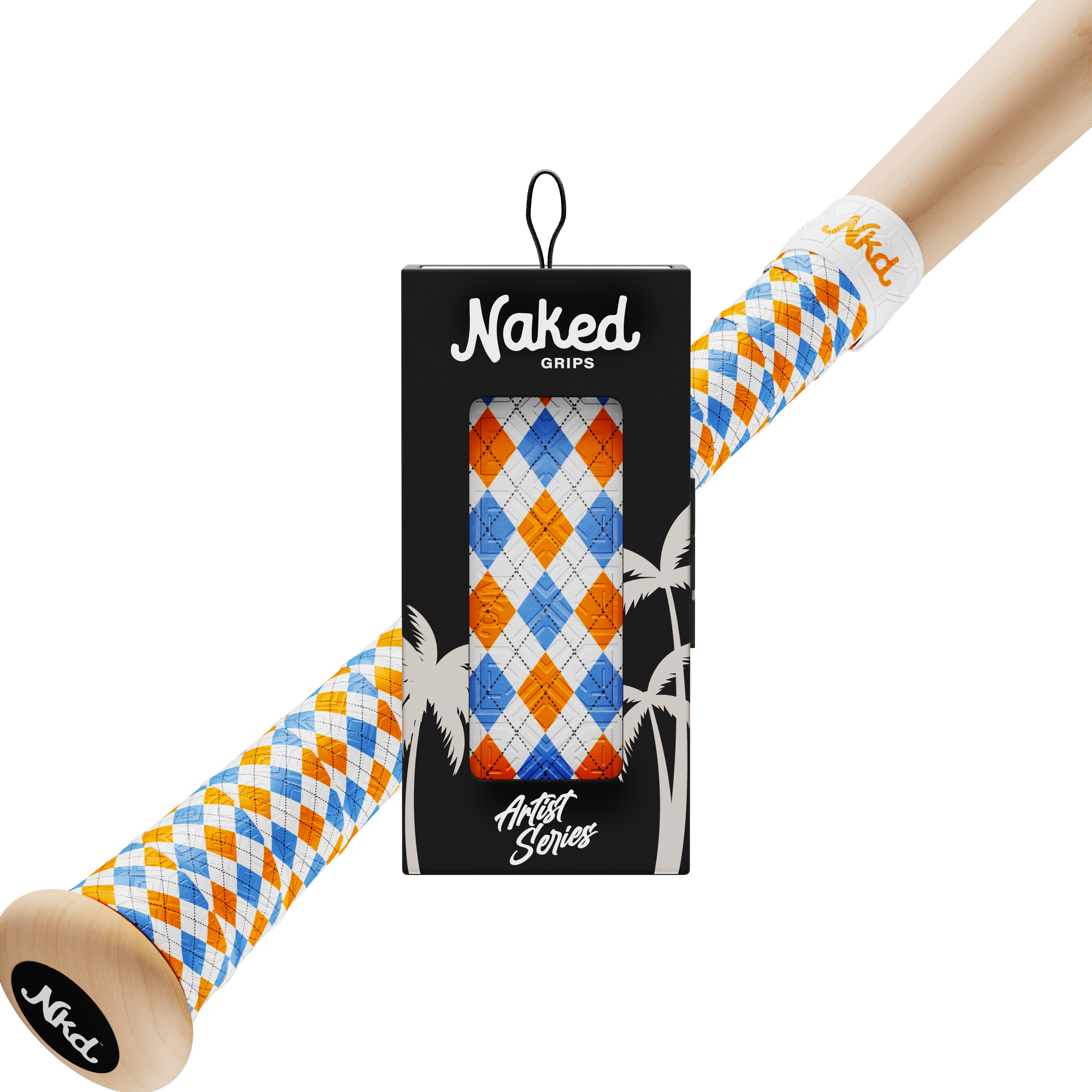 Naked Grips Artist series box with the Blue and orange plaid grip inside and a wooden bat in the background wrapped with the Blue and orange plaid naked grip.