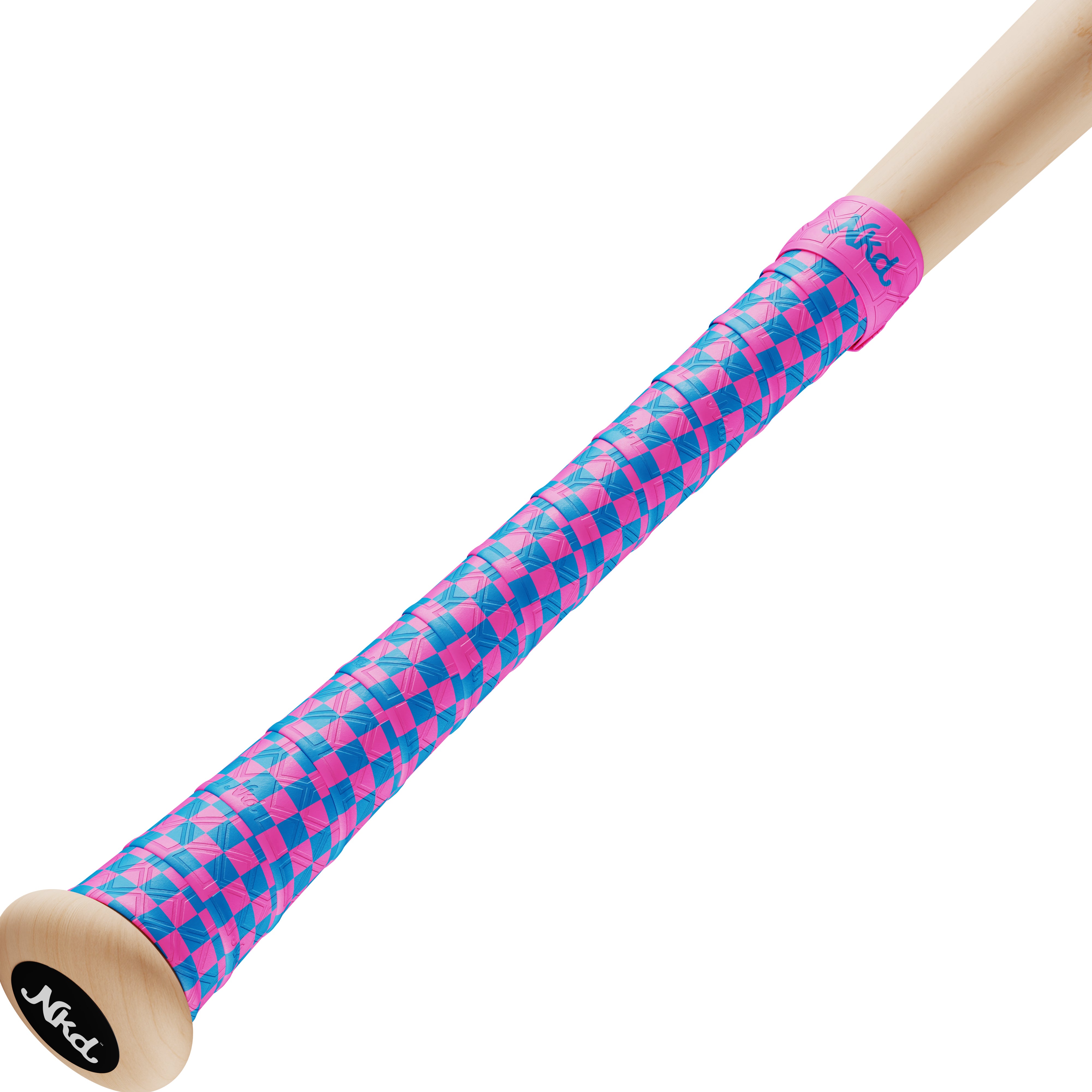 Photo of a pink and blue checkerboard bat grip wrapped around a wooden bat on a white background.