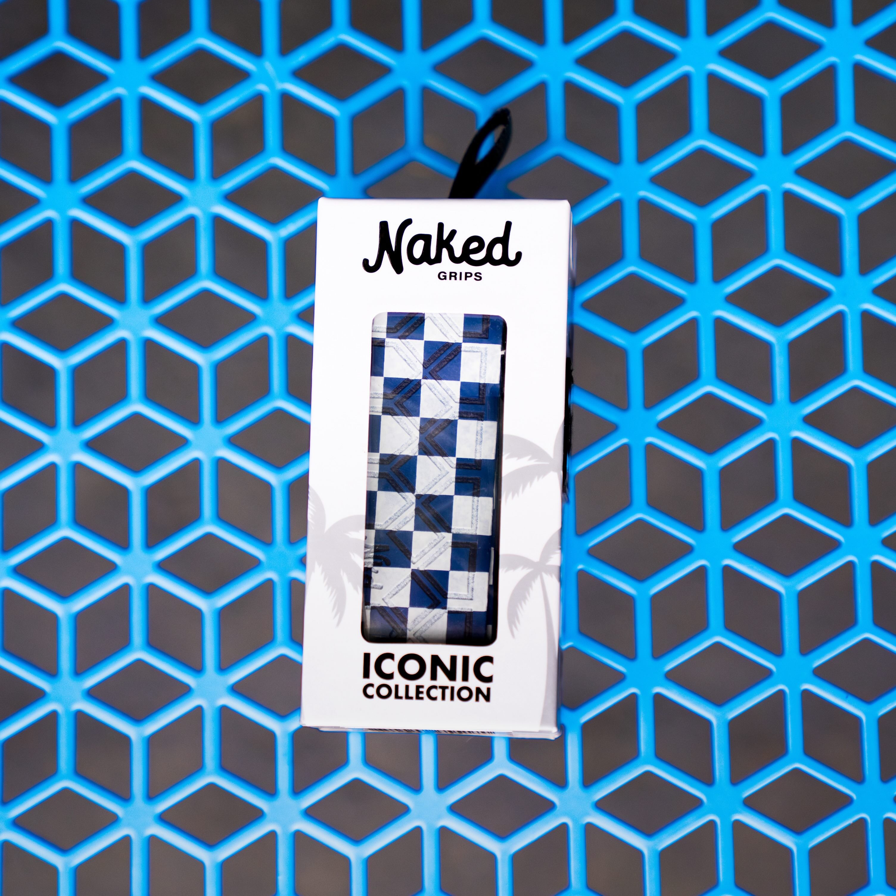 Black and white bat grip on a hexagonal blue background.