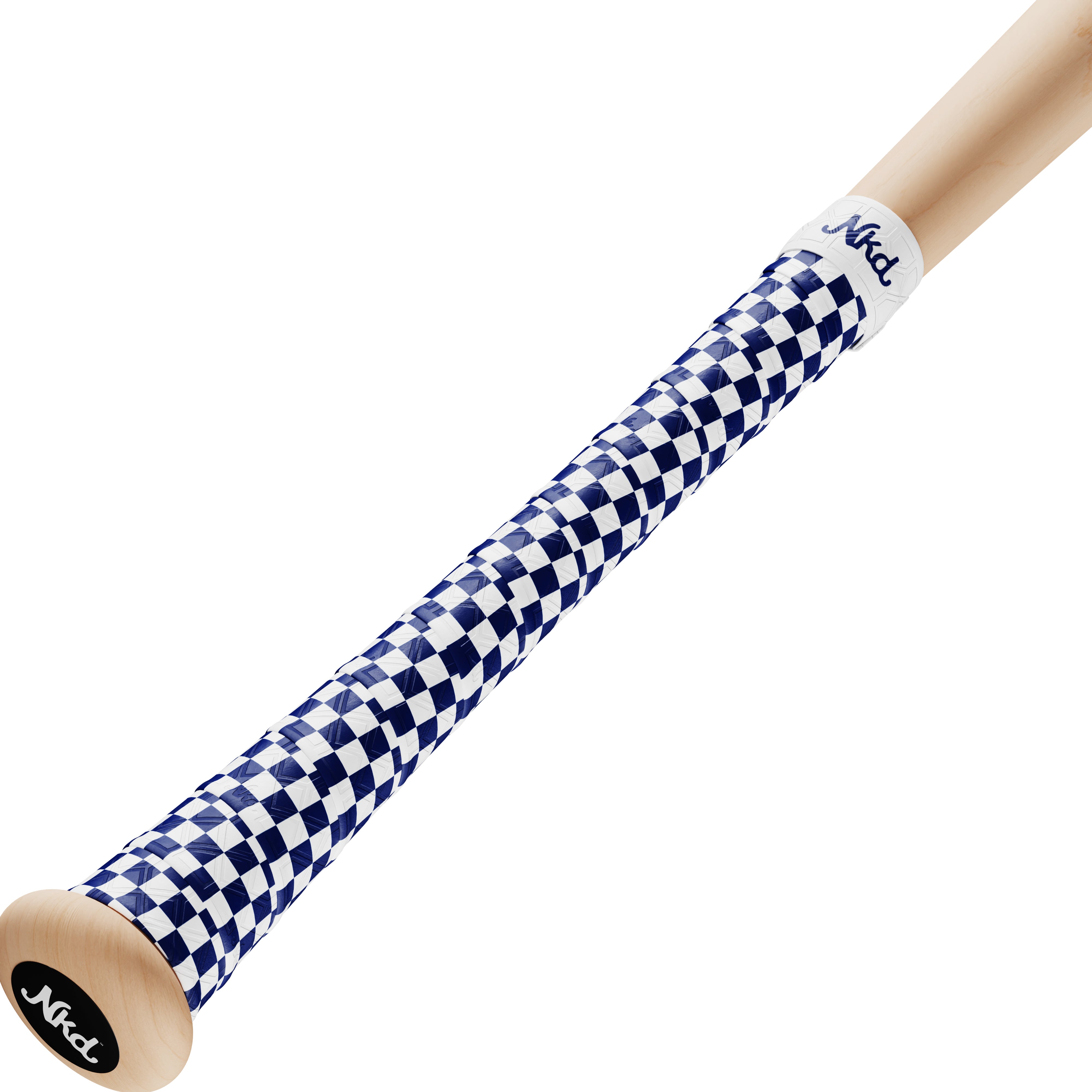Wooden bat wrapped with a blue and white checkerboard grip on a white background.