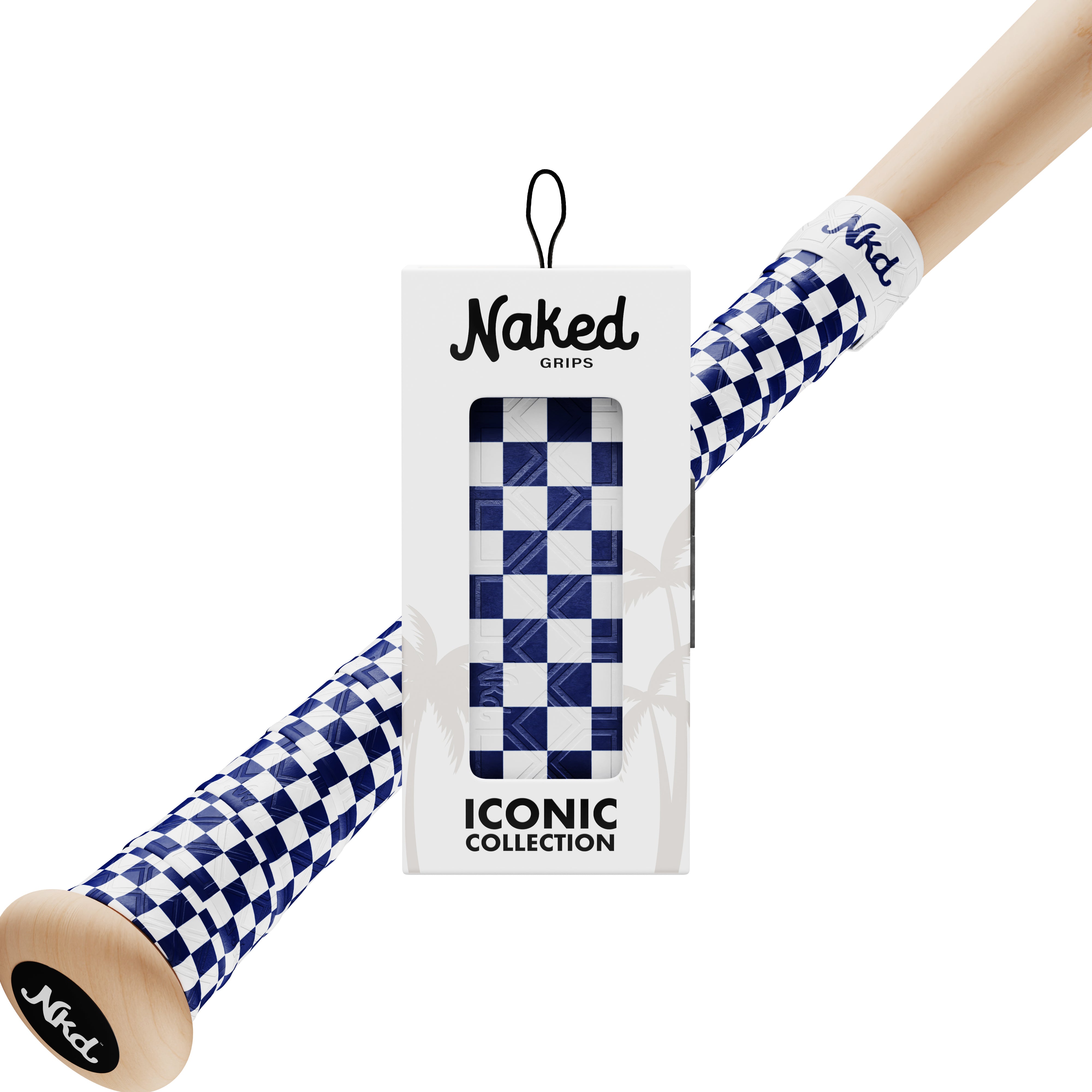 Photo of a blue and white checkerboard in its packaging with a wooden bat wrapped with the blue and white checkerboard bat grip.