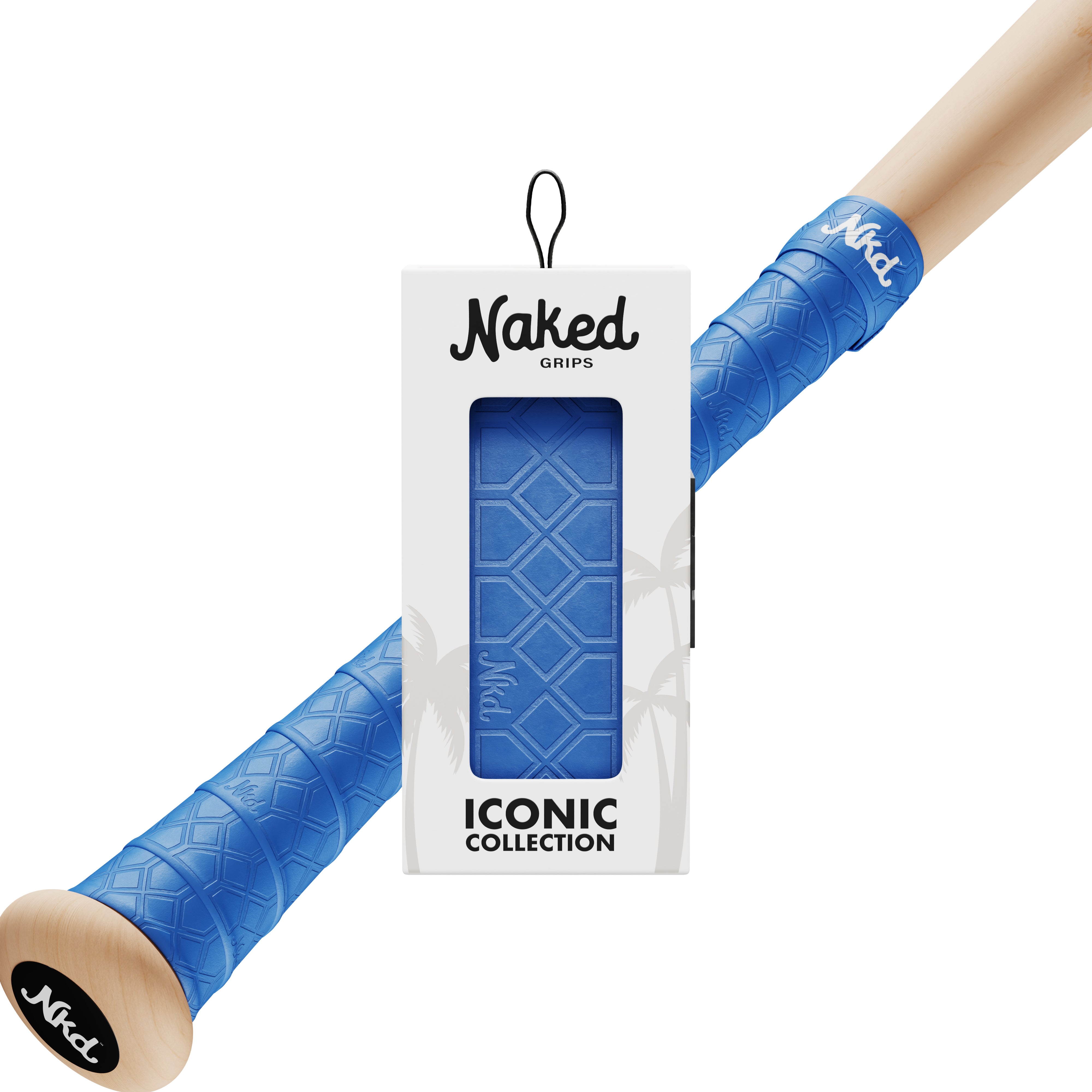Naked grips blue bat grip in its packaging with a wooden bat wrapped in the Blue bat grip on a white background.