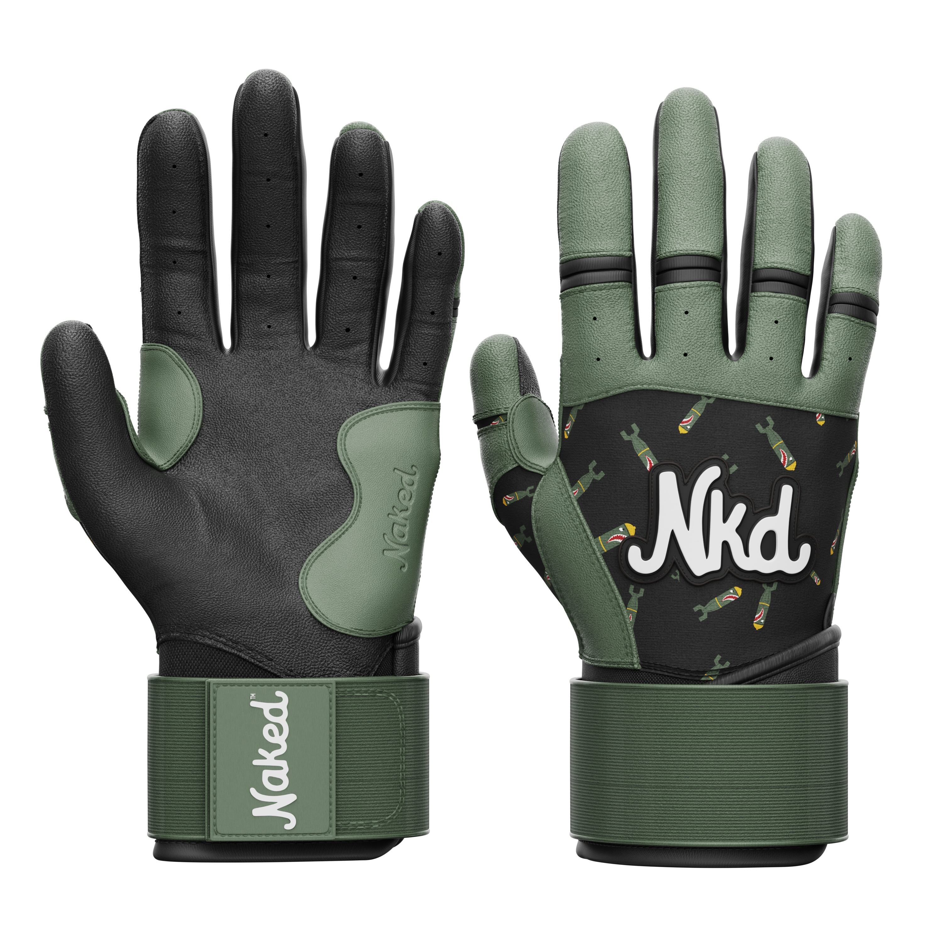 Photo of the front and back of tall cuff black and green bat gloves decorated with atom bomb cartoon icons on a white background.