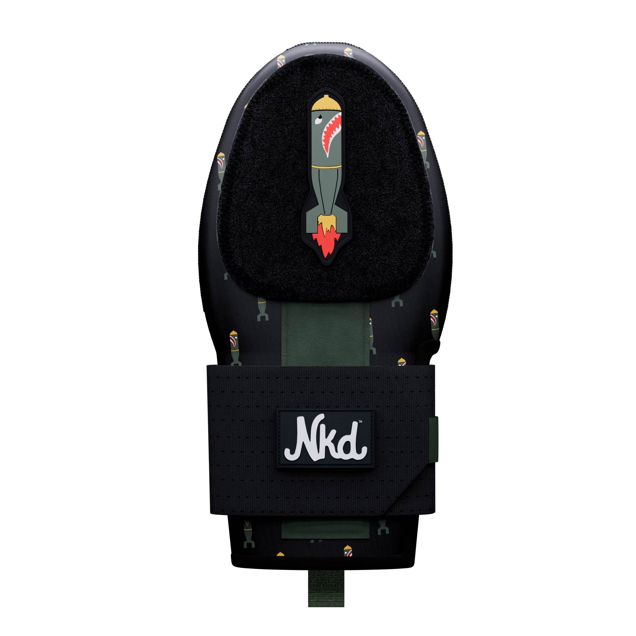 Photo of a black sliding mitt with a Bomb illustration on a white background.