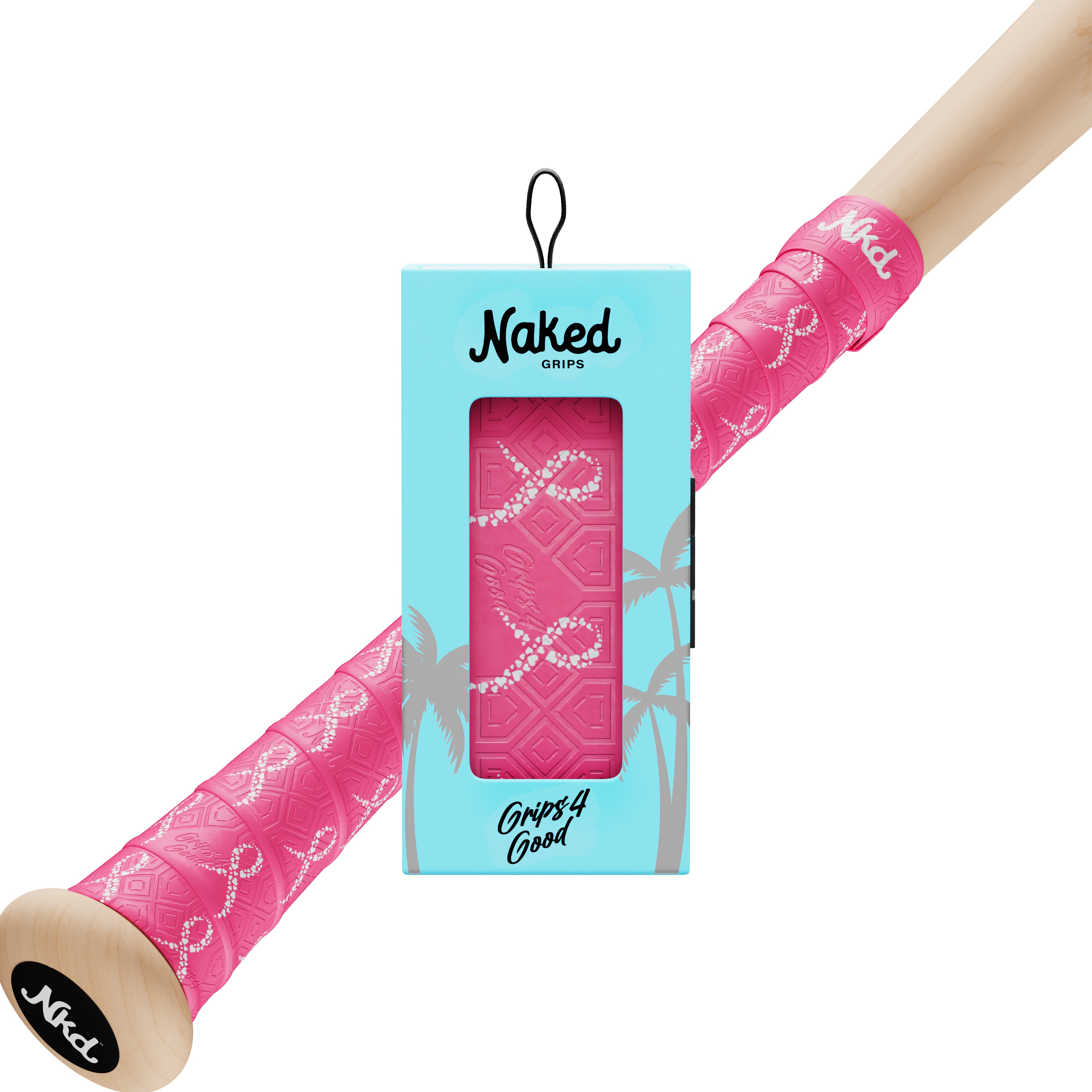Photo of the breast cancer bat grip in its packaging with a wooden back in the background wrapped with the Breast Cancer Bat grip.