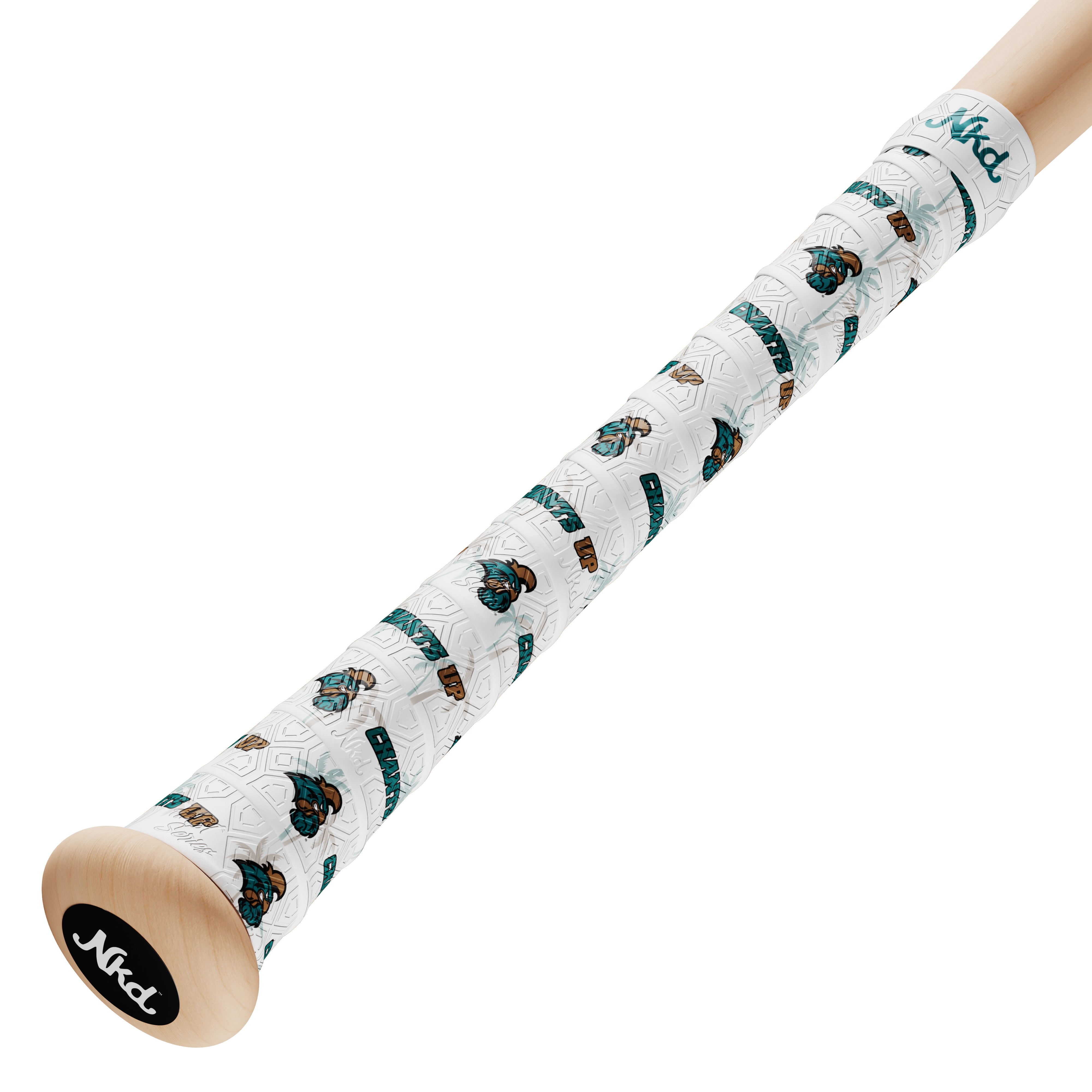 Coastal Carolina themed bat grip with Coastal Carolina teal and bronze logo and Chants Up text overlaid on a white grip with faded palm trees as backdrop. Image is of wrapped bat handle on white background.