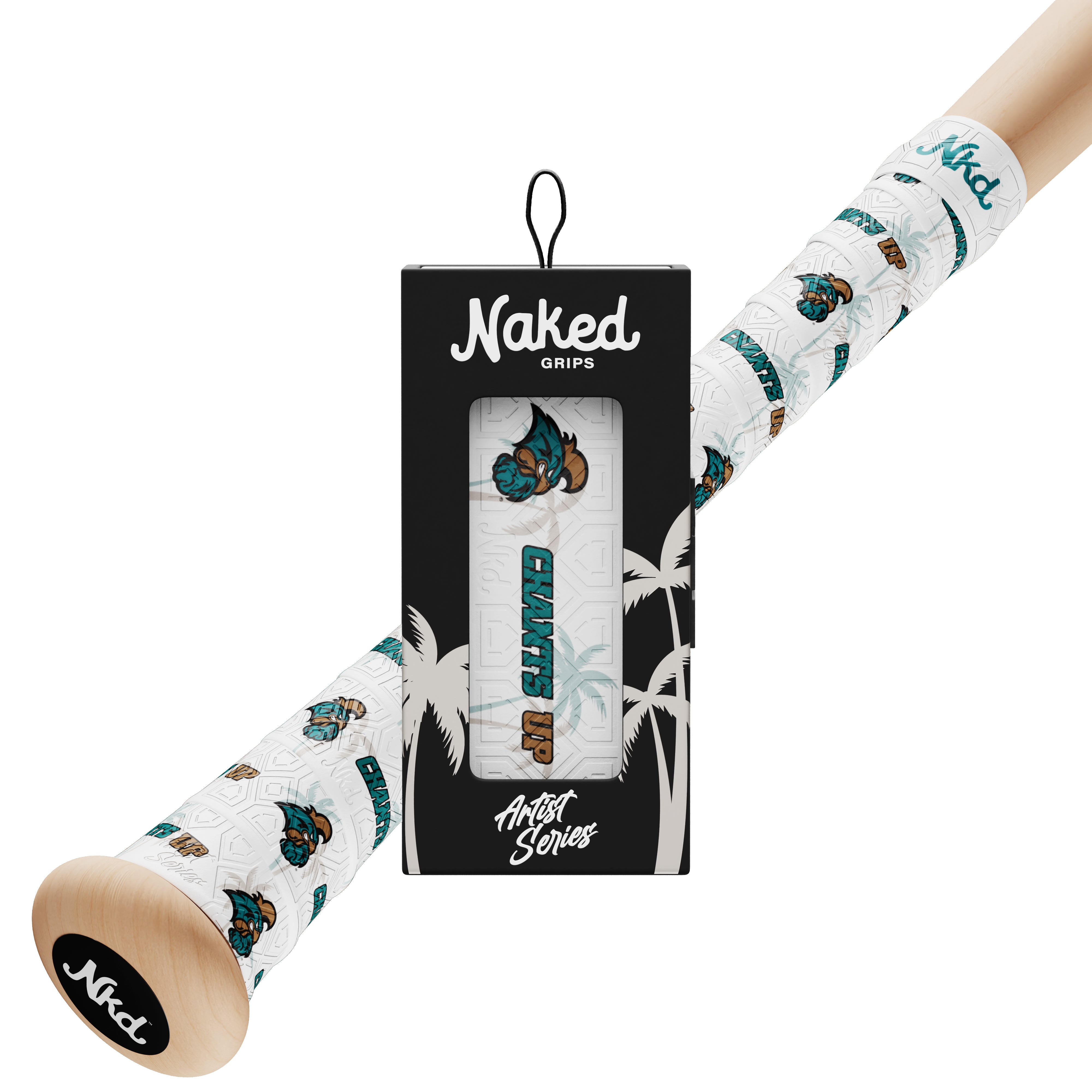 Coastal Carolina themed bat grip with Coastal Carolina teal and bronze logo and Chants Up text overlaid on a white grip with faded palm trees as backdrop. Image is of wrapped bat handle placed behind the same grip in a black artist series box.