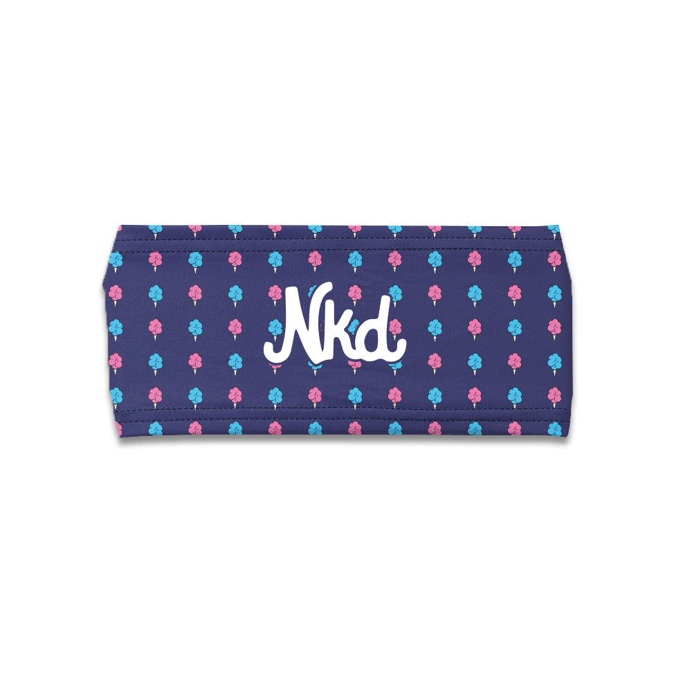 A navy-colored cycling headband with a pattern of cotton candy shapes in pink and blue, and the brand name 'nkd' printed in white on a white background.
