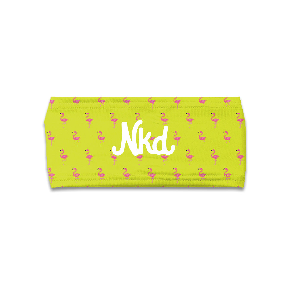 Photo of a yellow headband decorated with a pink flamingo illustration and a NKD logo in the middle on a white background.