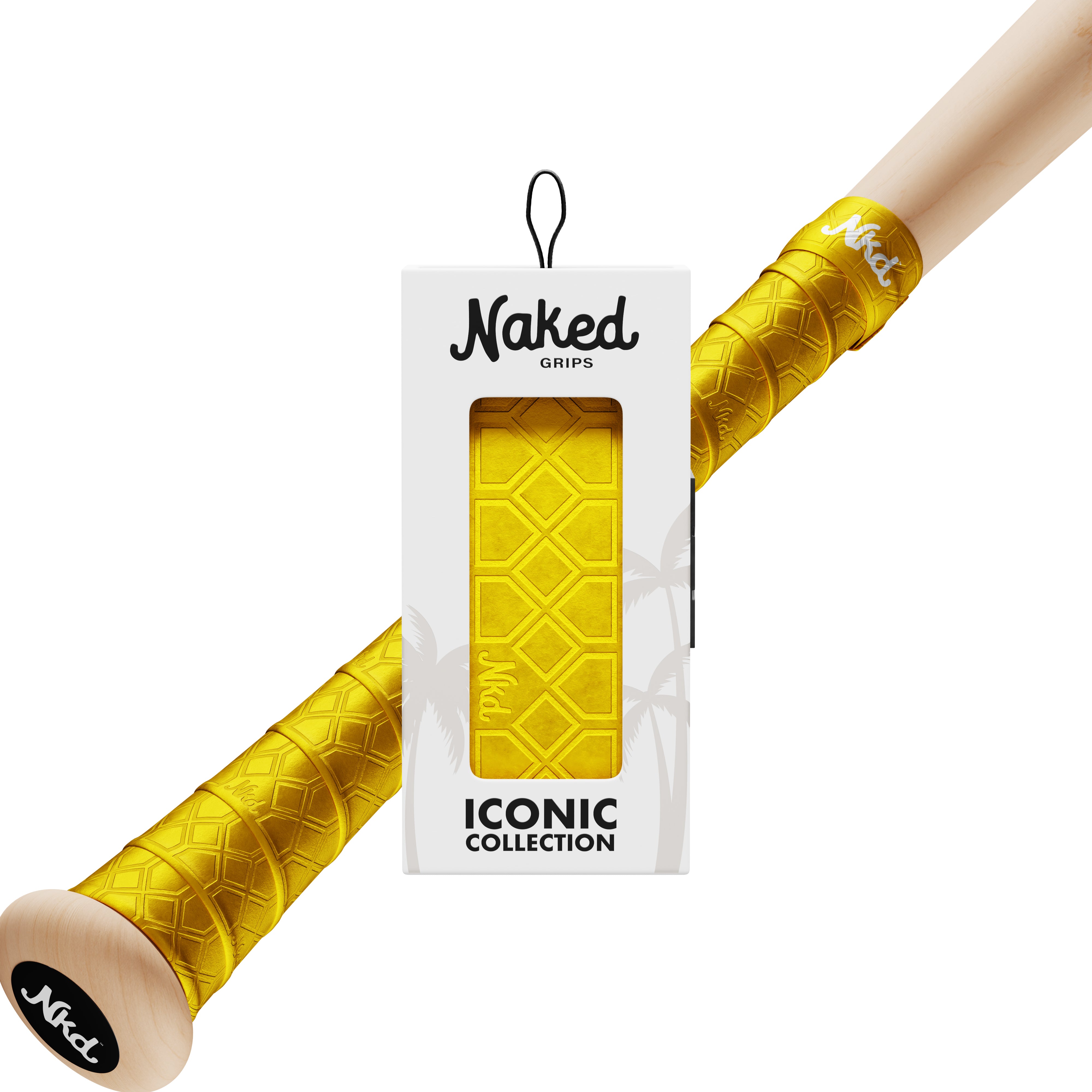 Naked grips Golden color bat grip in its packaging with a wooden bat wrapped in the Golden color bat grip on a white background.