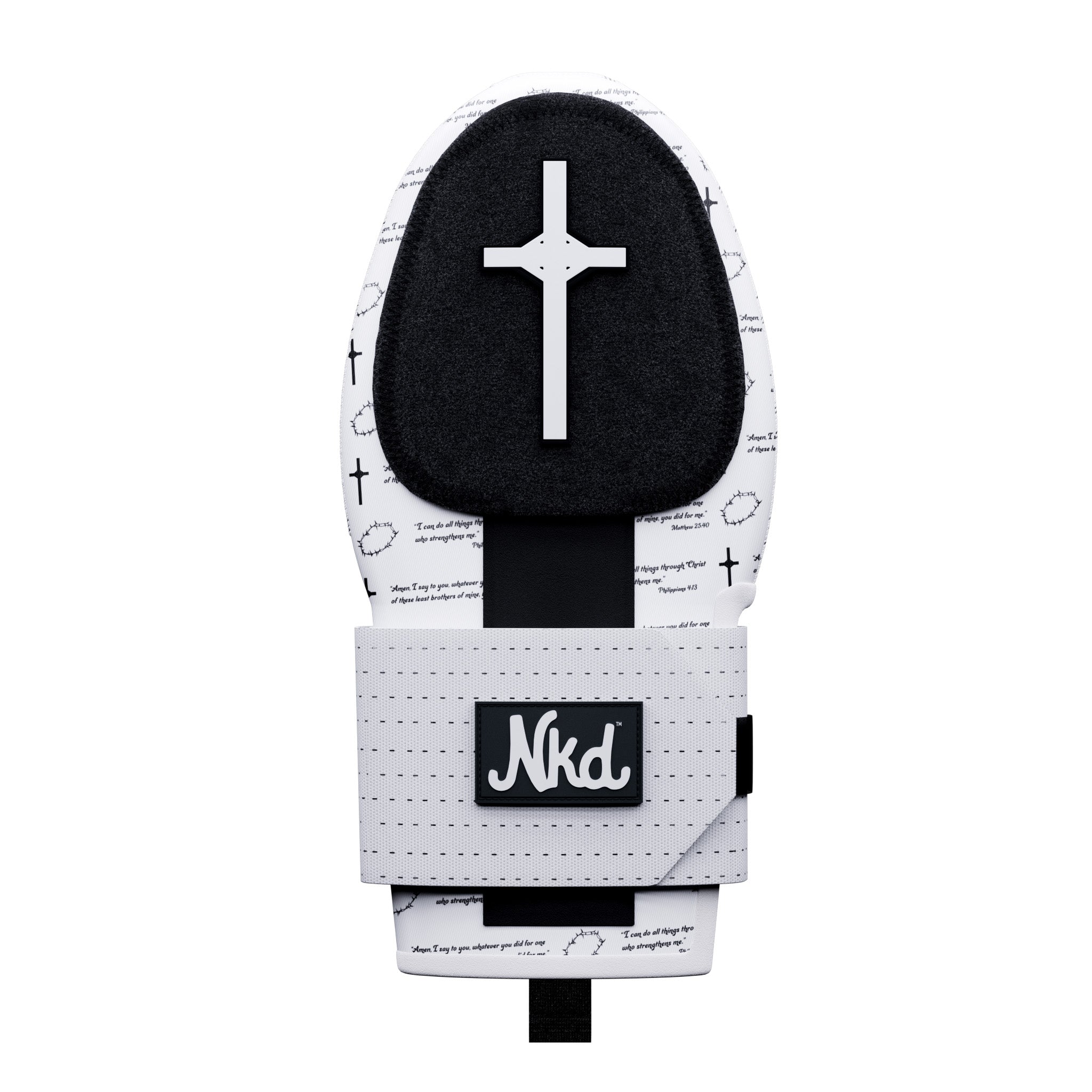 Photo of the good news sliding mitt, a Christian-themed sliding mitt with a white Cross on a black background on the top of the mitt. The mitt surround features black crosses on a white background, a black crown of thorns, and two bible verses, Philipians 4:13 and Matthew 25:40.