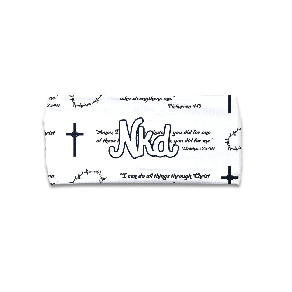 Photo of a white headband decorated with black text, crosses and a crown of thrones on it on a white background.