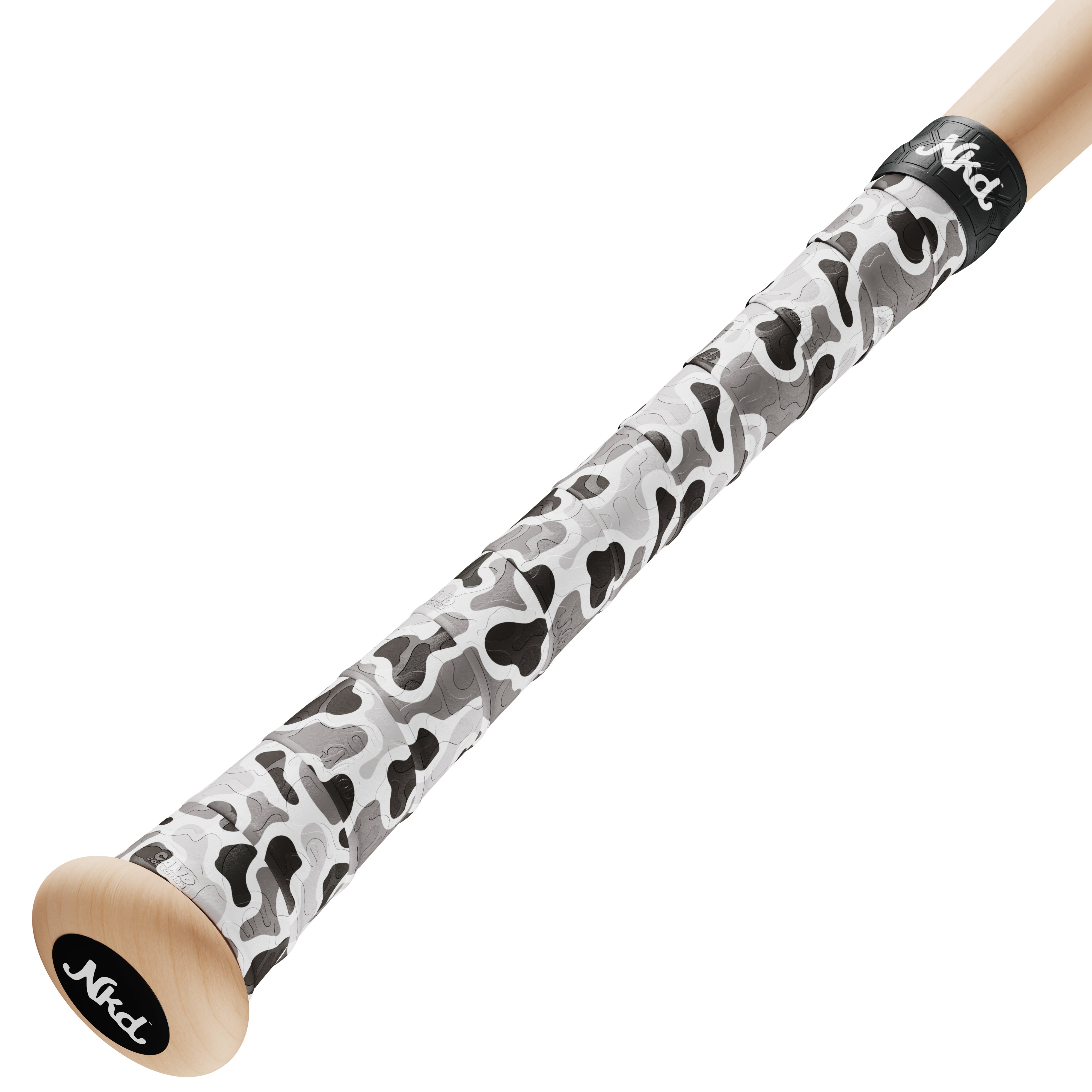 Naked grips camo collection photo of wood bat handle with grey camouflage style bat grip with various shades of grey.