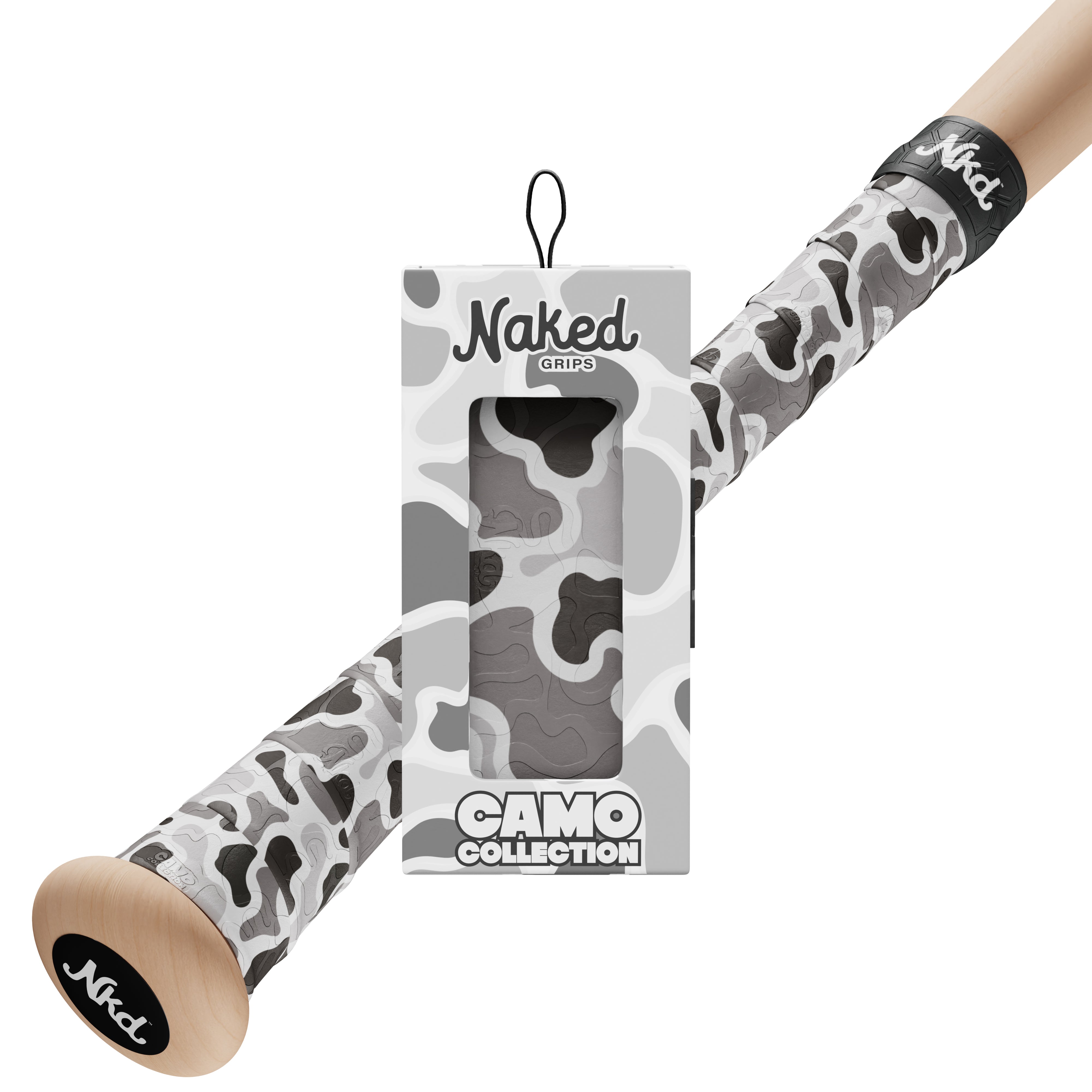 Naked grips camo collection grip box with wood bat handle in background with grey camouflage style bat grip with various shades of grey.