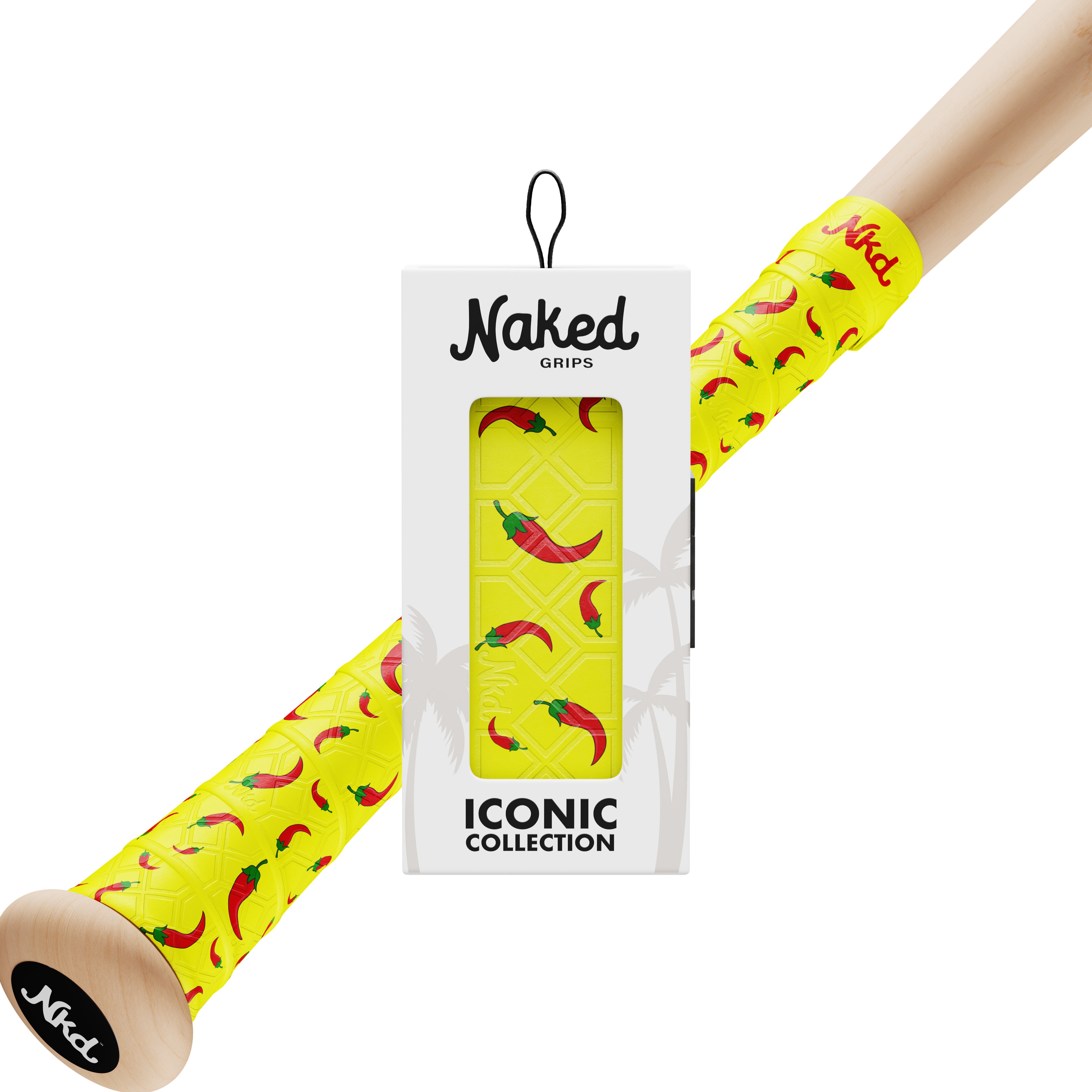 Naked grips Hot pepper bat grip in its packaging with a wooden bat wrapped in the Hot pepper bat grip on a white background.
