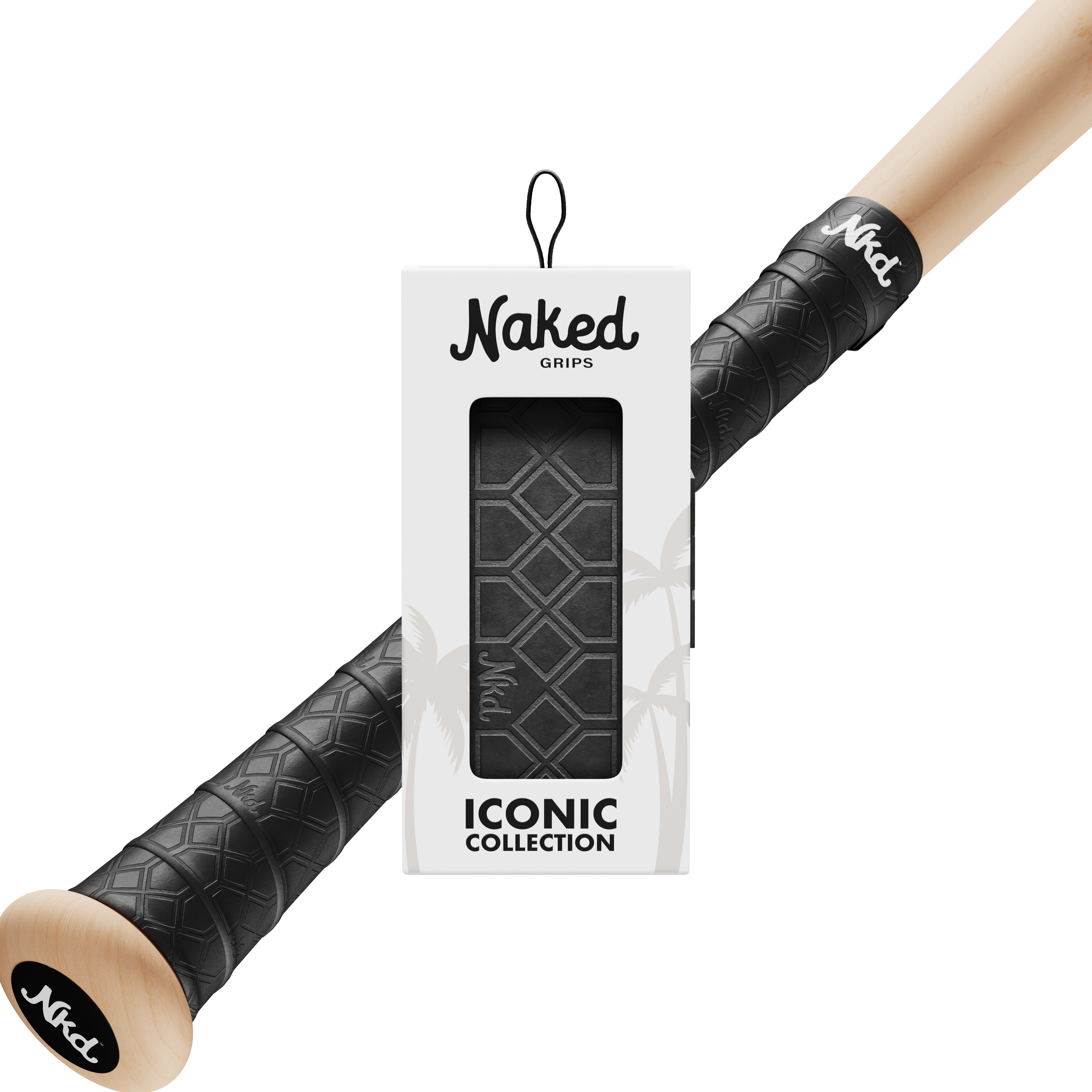 Naked grips Jet Black bat grip in its packaging with a wooden bat wrapped in the Jet black bat grip on a white background.
