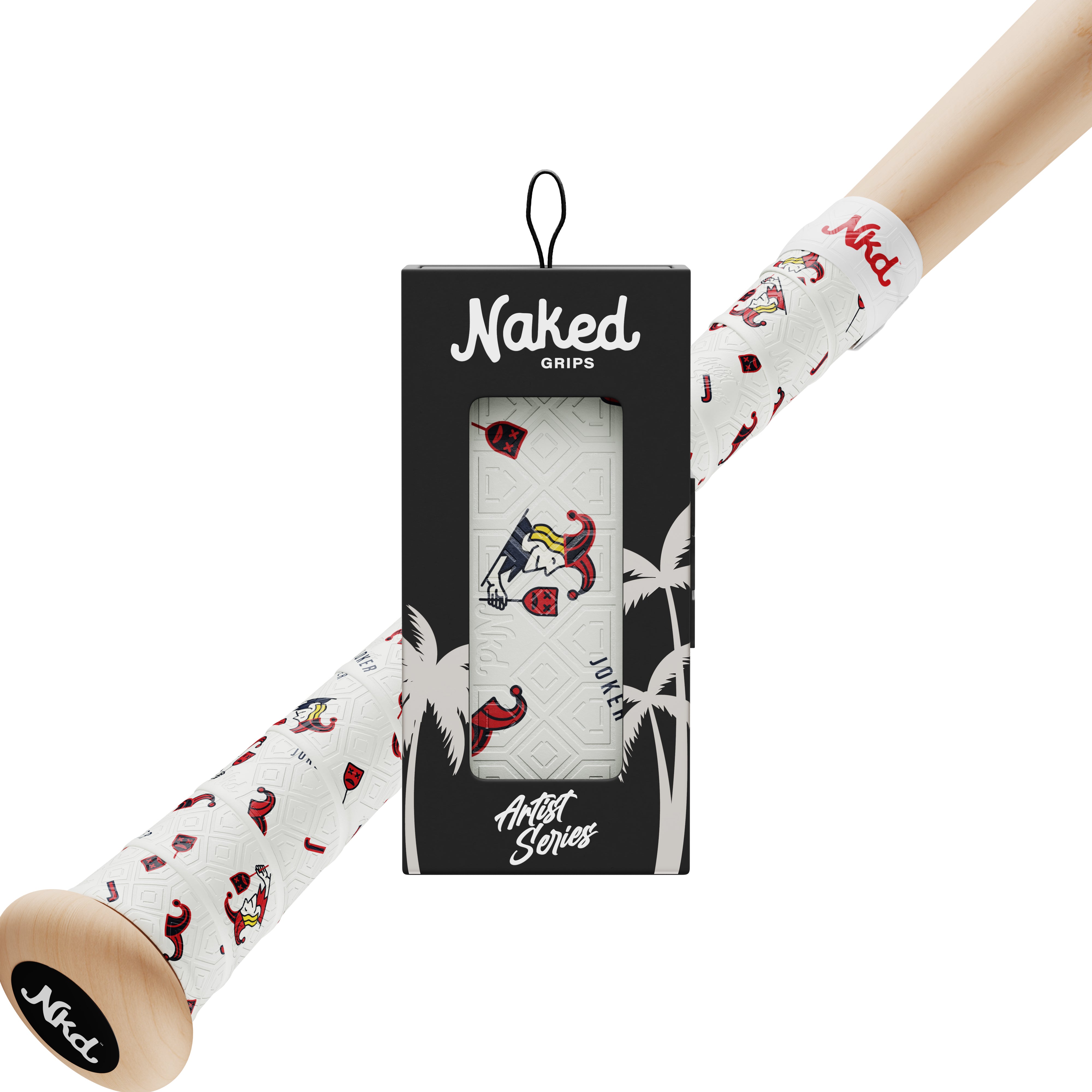 Naked grips Joker bat grip in its packaging with a wooden bat wrapped in the Joker bat grip on a white background.