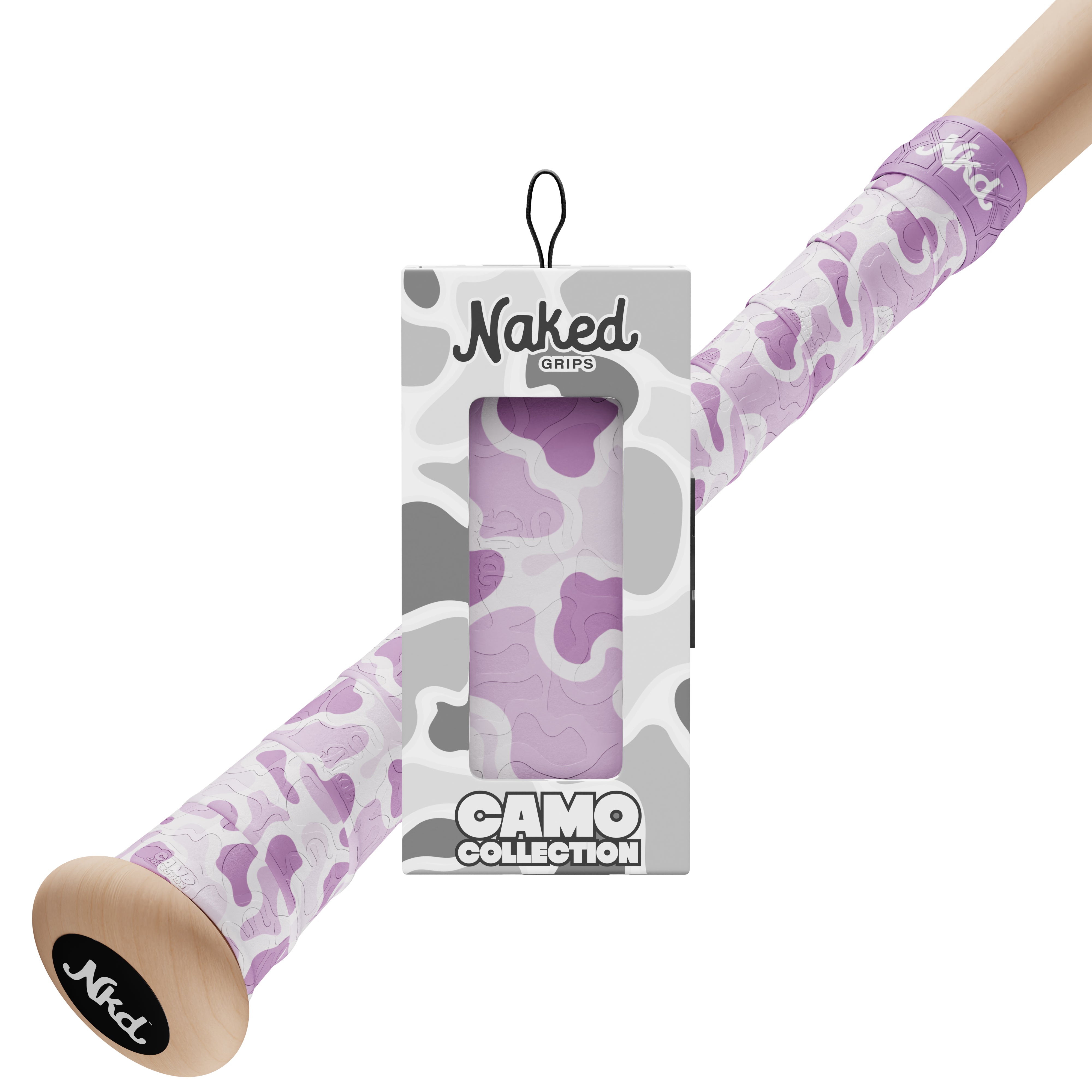 Naked grips camo collection grip box with wood bat handle in background with lavender camouflage style bat grip with various shades of purple.