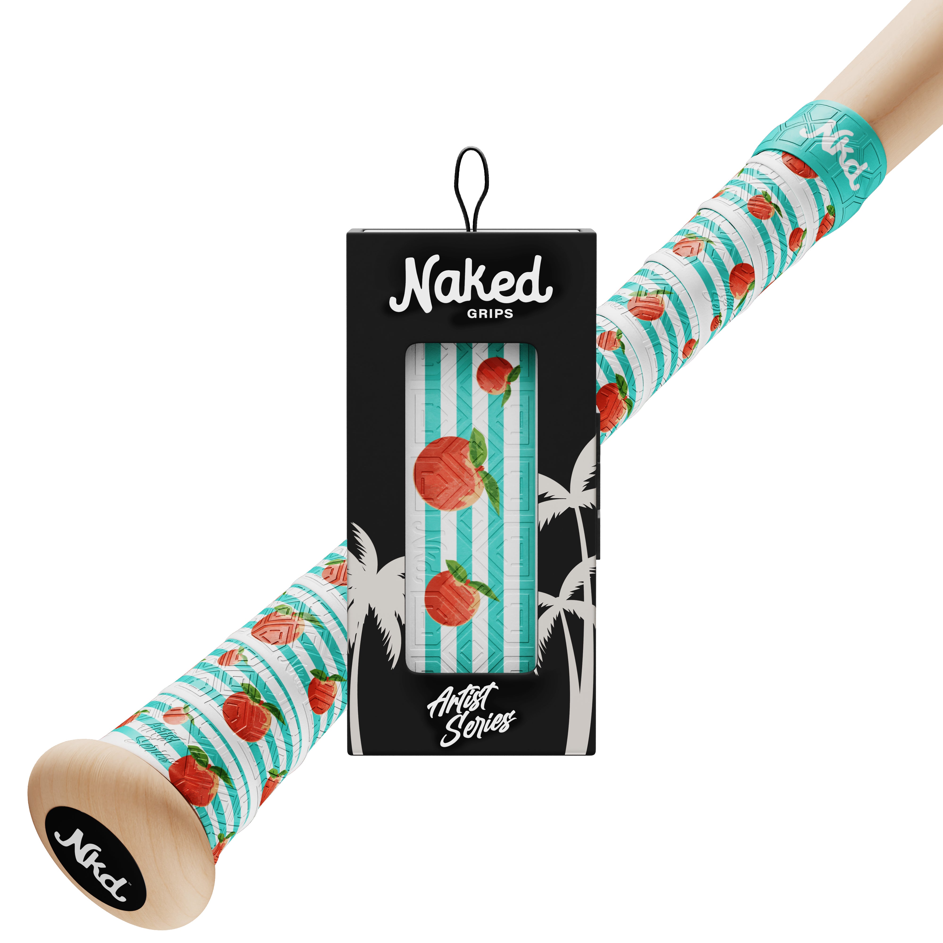 black artist series grip box with peach themed bat grip with peaches overlaid on turquoise and white stripes. Behind grip package sits the same bat grip on a bat handle against a white background.