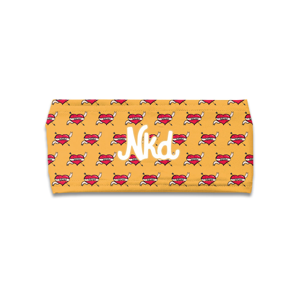Photo of a yellow headband with a mom heart icon and a NKD in the middle on a white background.