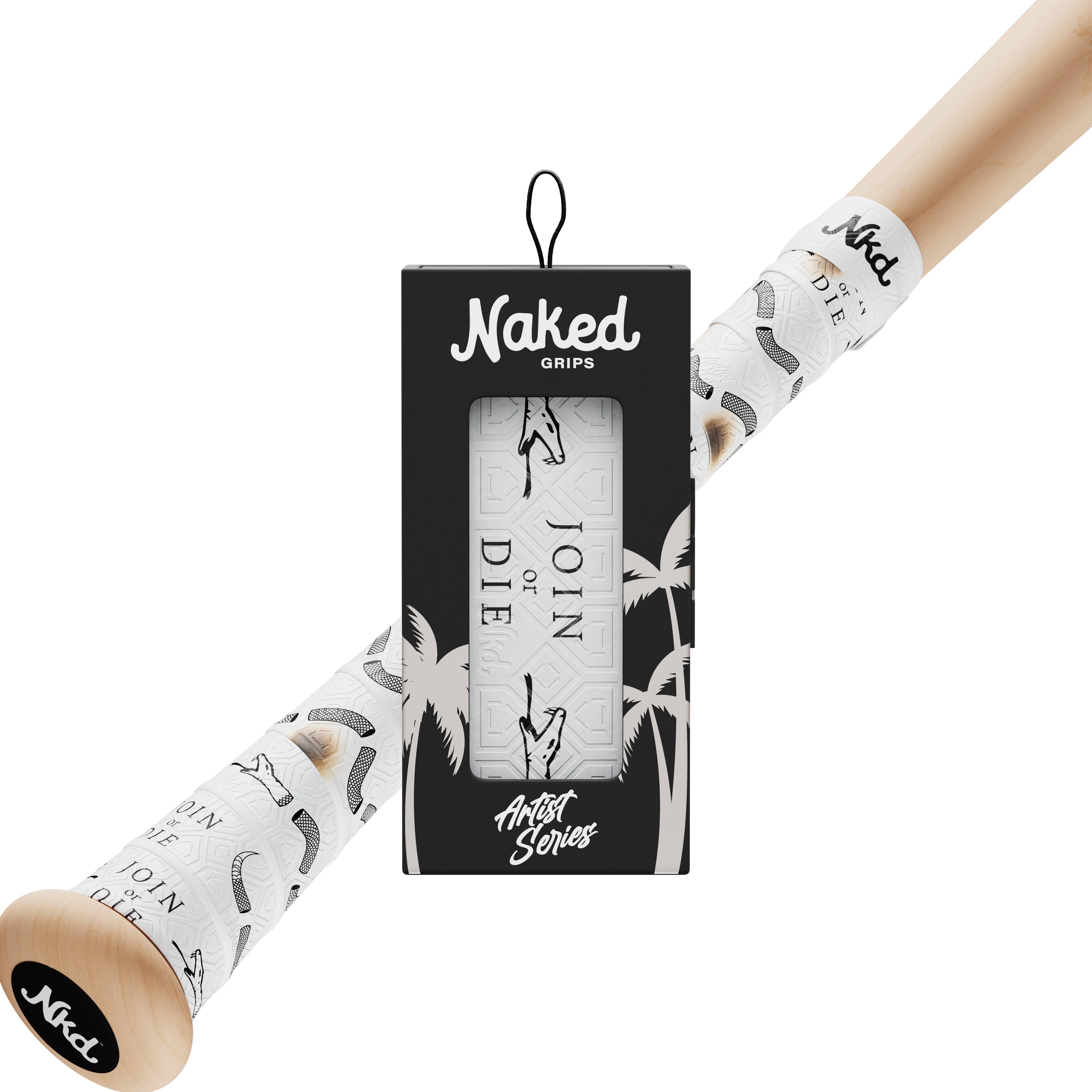 Naked grips join or Die bat grip in its packaging with a wooden bat wrapped in the Join or Die bat grip on a white background.