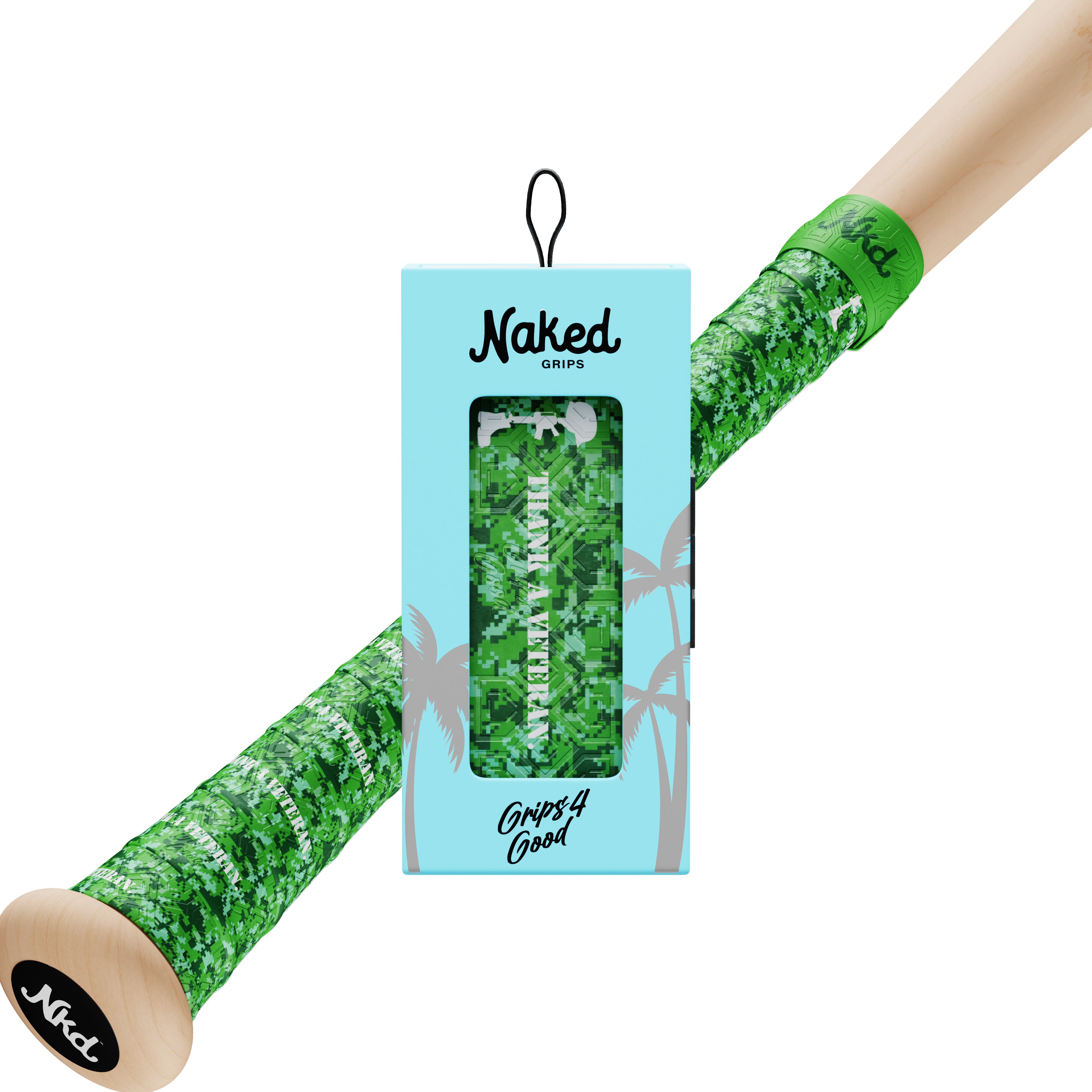 Photo of the naked grips thank veteran bat grip in its packaging with a wooden bat in the background wrapped with the Thank a veteran bat grip.