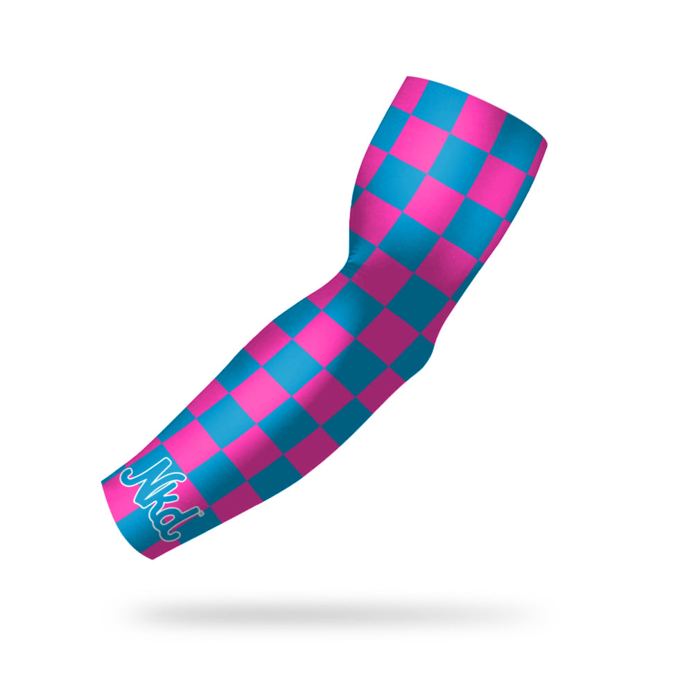 photo of a compression sleeve with a pink and blue checkerboard pattern floating on a white background.