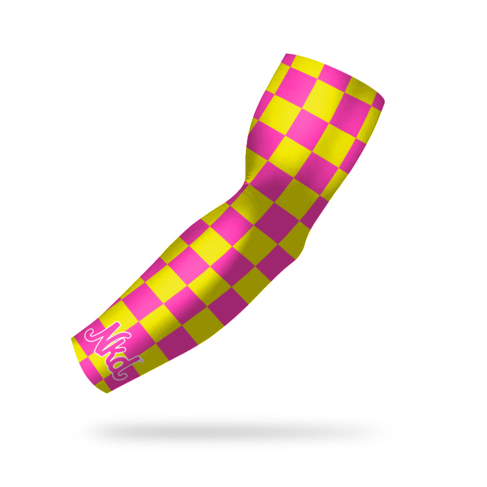 Photo of an arm band with a yellow and pink checkerboard pattern on a white background.