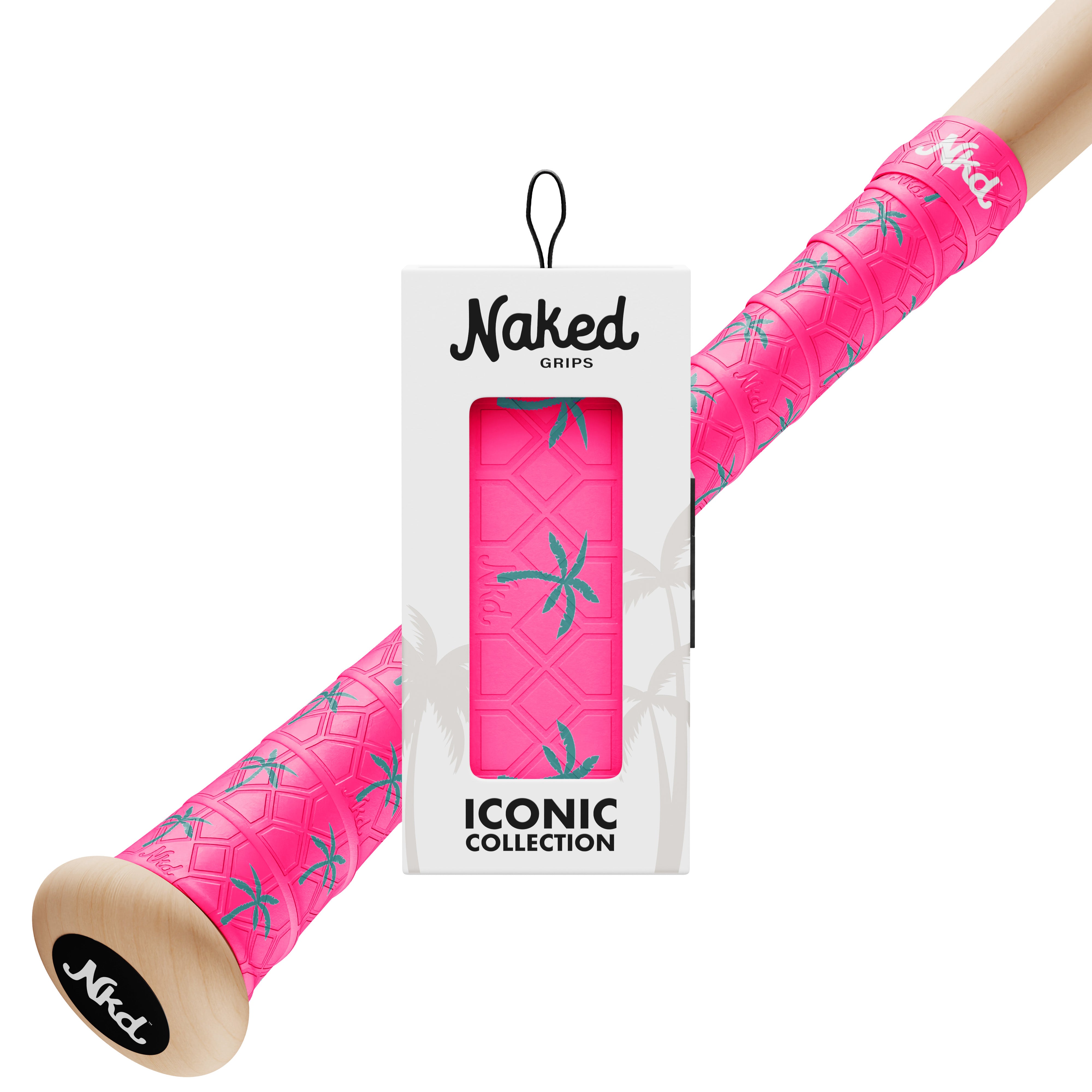 Naked grips palm bat grip in its packaging with a wooden bat wrapped in the Palm bat grip on a white background.