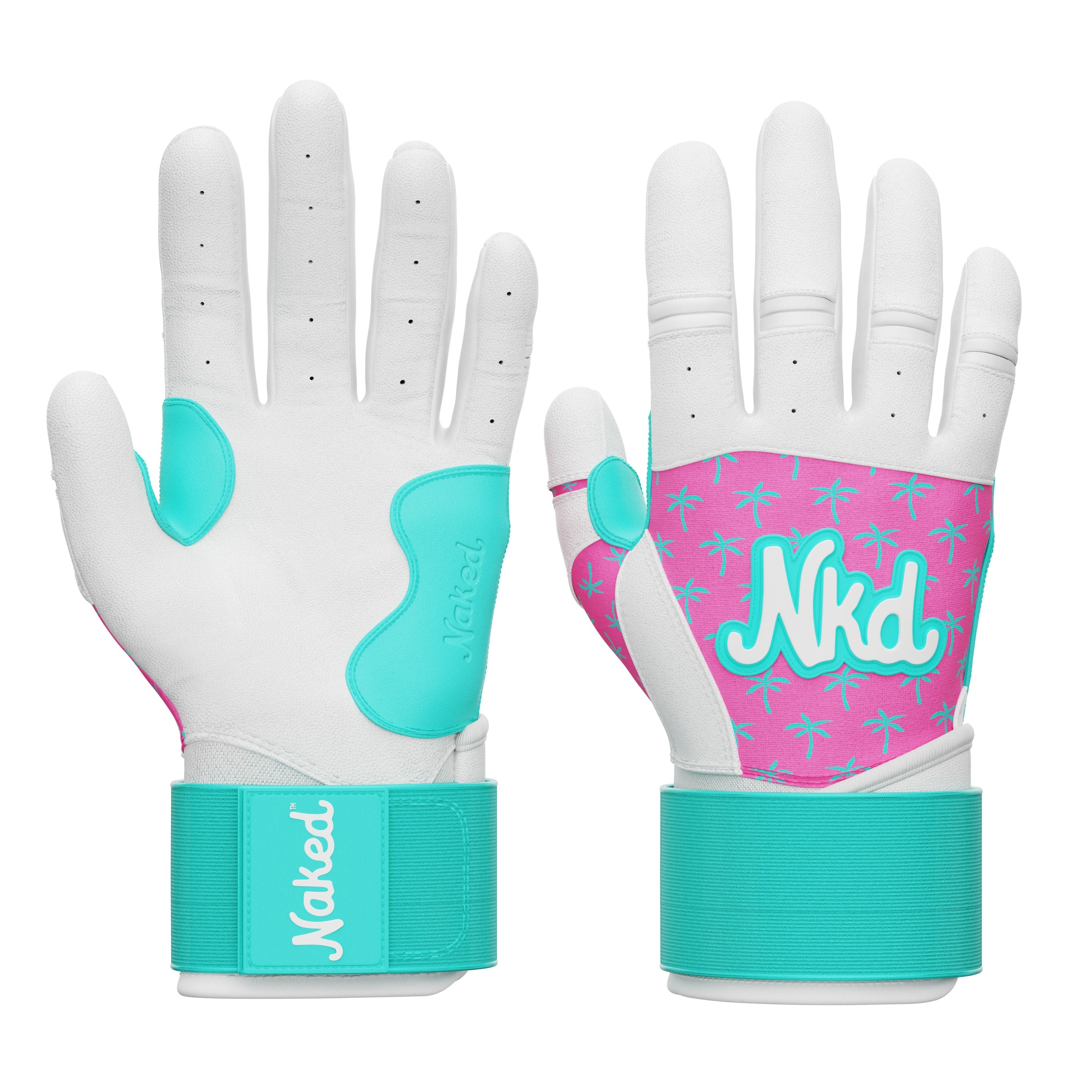 A pair of white long cuff batting gloves with blue and pink accents, featuring the brand name 'Naked' on the wrist strap.