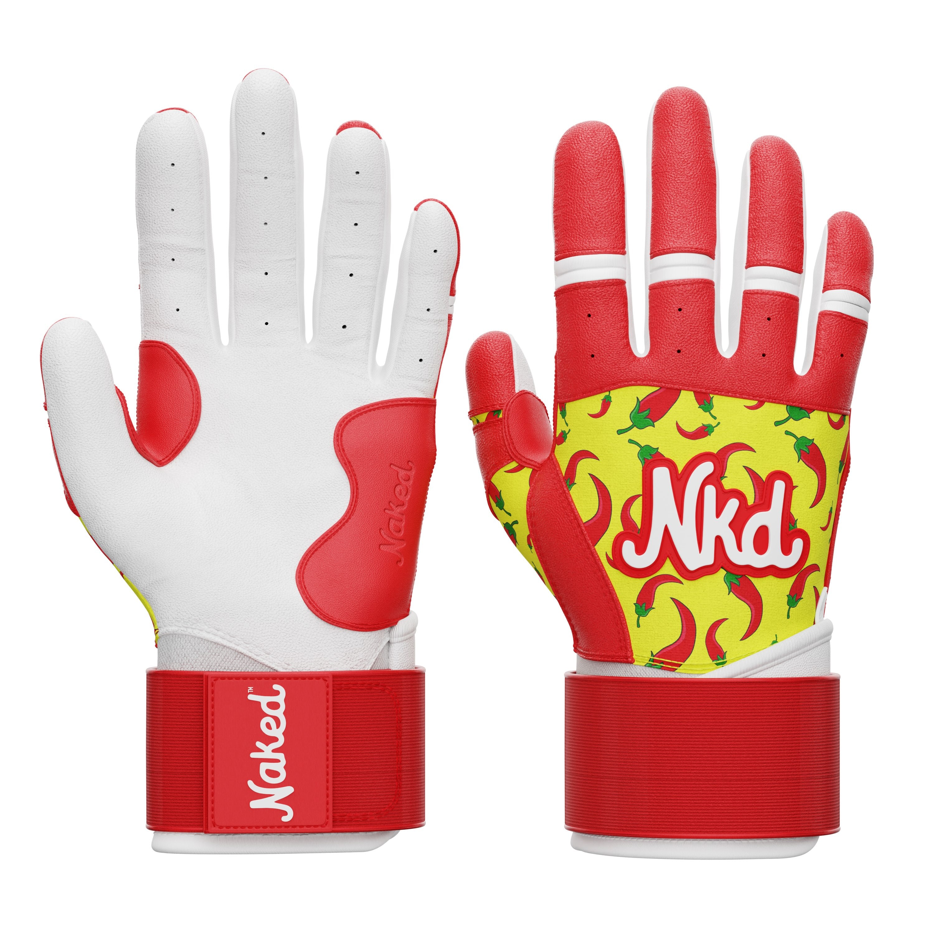 Photo of the long cuff pepper bat gloves both front and back on a white background.