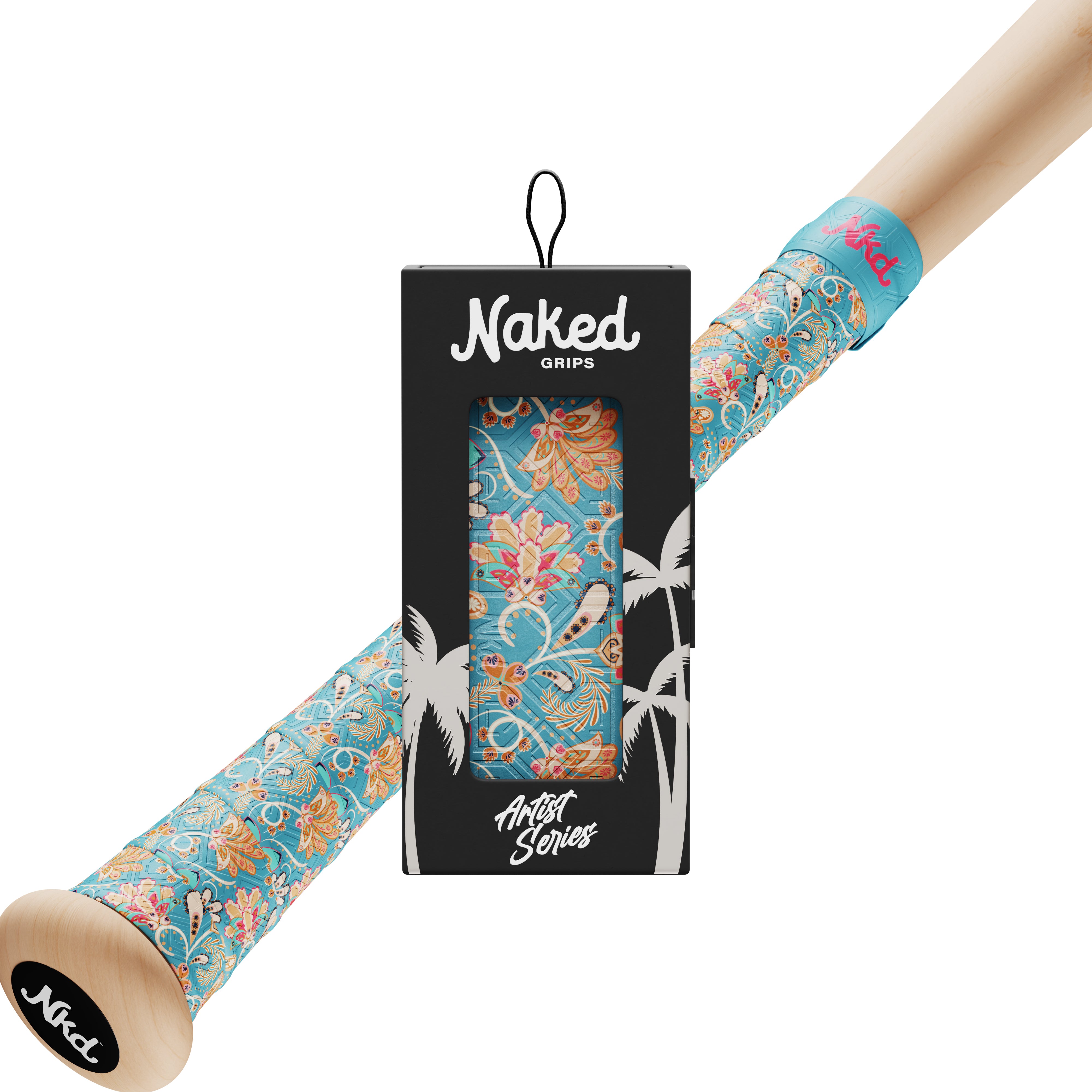 Naked grips paisley bat grip in its packaging with a wooden bat wrapped in the paisley bat grip on a white background.