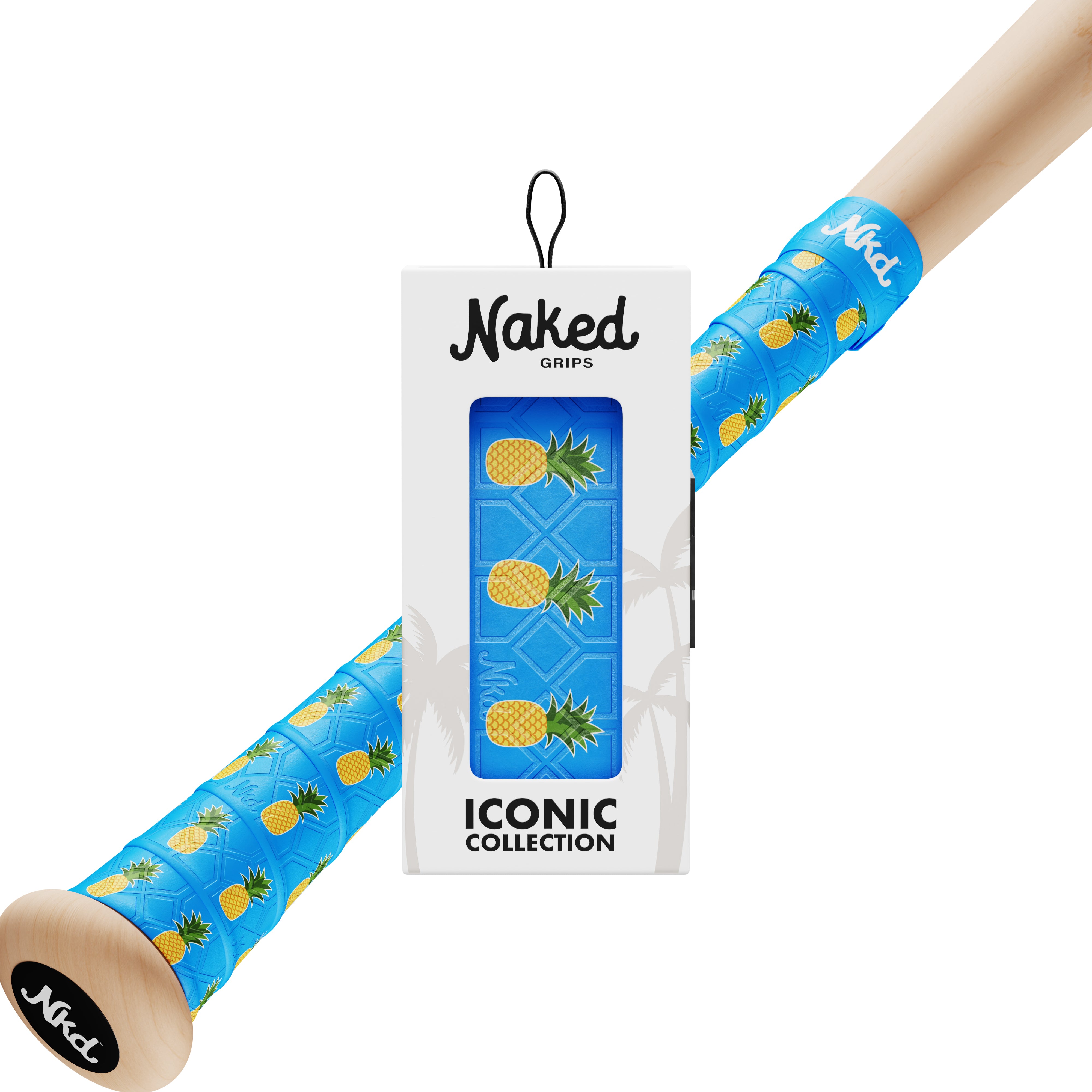 Naked grips Pineapple bat grip in its packaging with a wooden bat wrapped in the Pineapple bat grip on a white background.