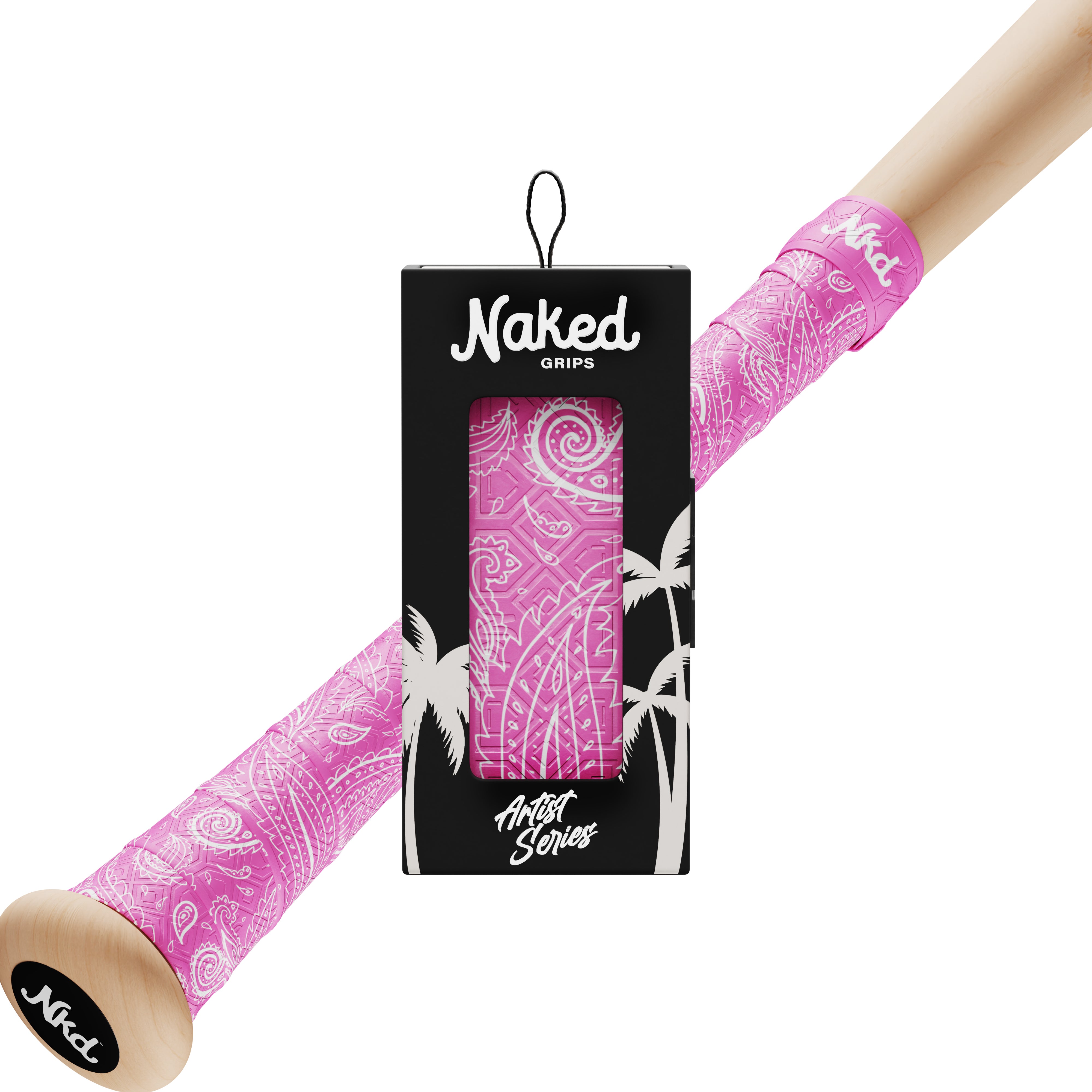 A render of the pink Paisley bat grip packaging sitting in front of a wooden bat that has been wrapped with the pink paisley bat grip.