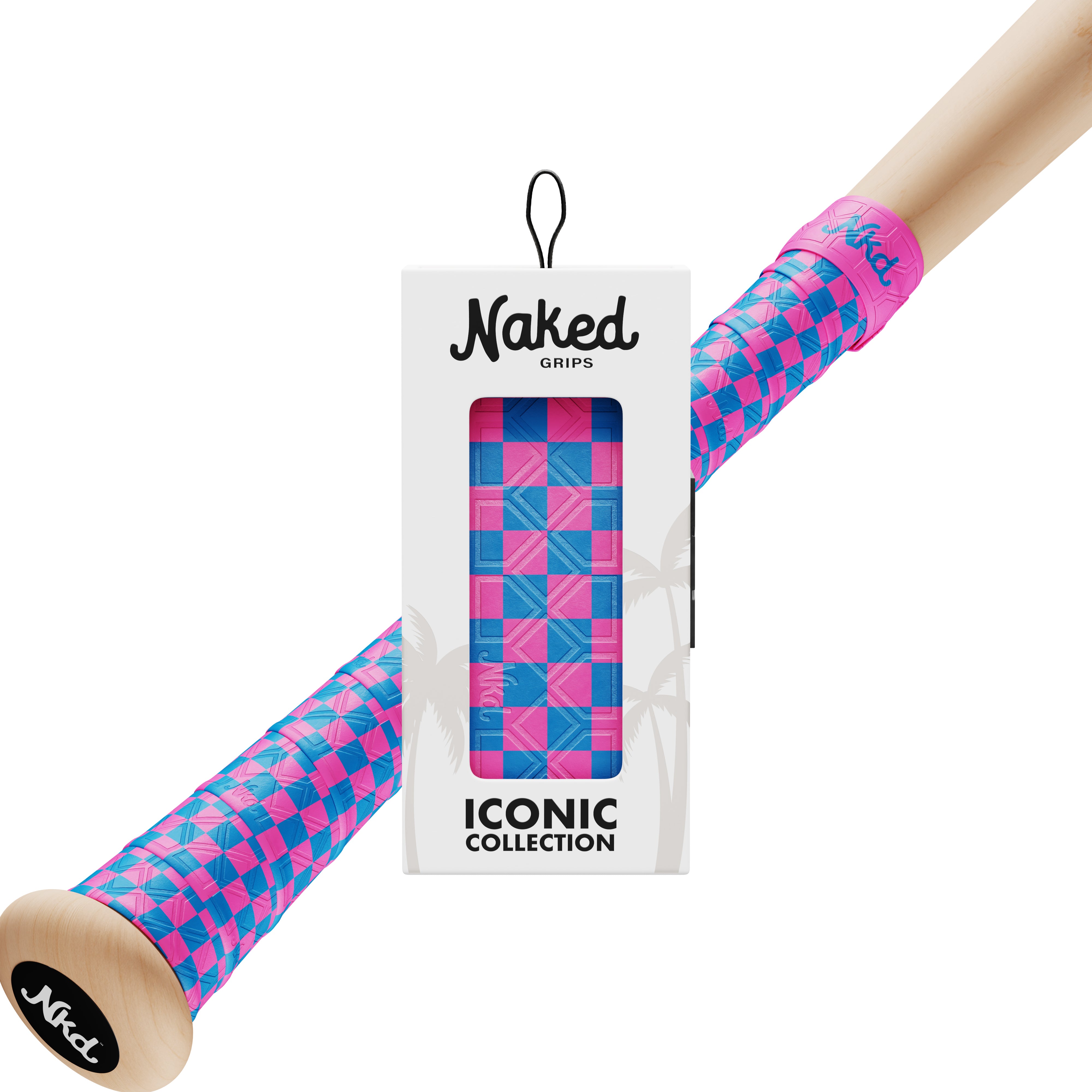 Photo of the Pink and Blue checkerboard bat grip in its packaging with a wooden back in the background wrapped with the Pink and Blue checkerboard grip.