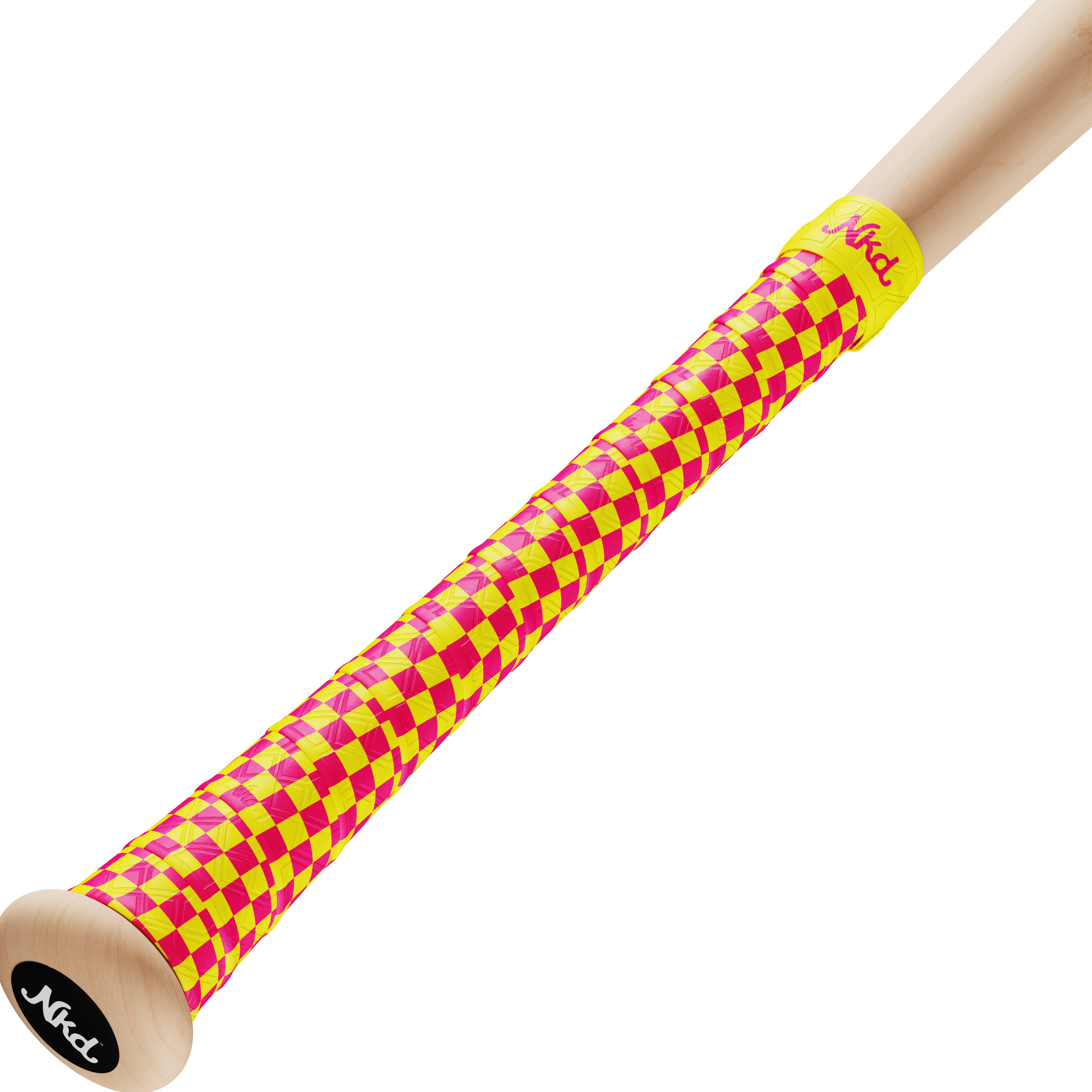 Photo of a wooden bat wrapped with the Pink and yellow checkerboard grips on a white background.