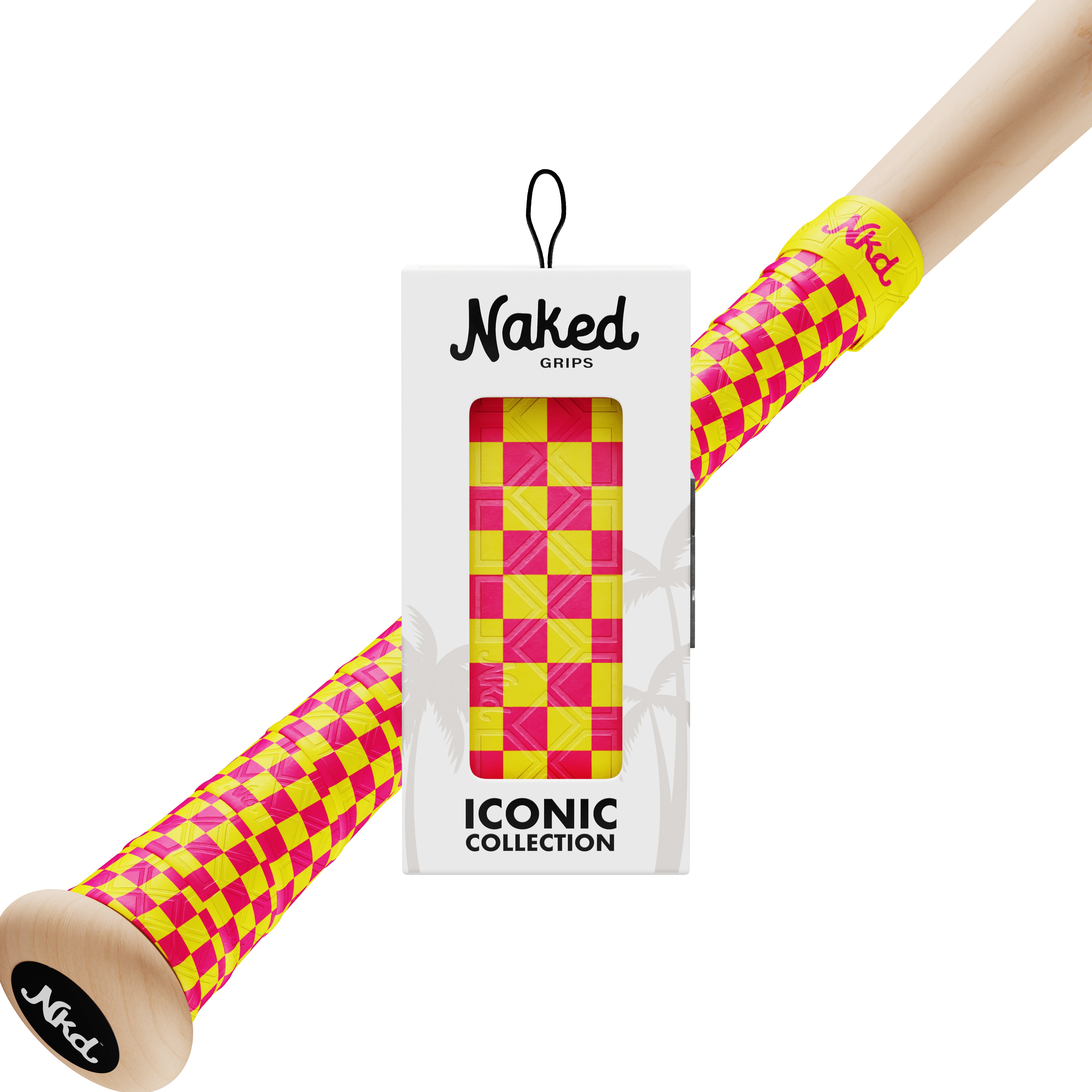 Photo of the pink and yellow checkerboard bat grip in its packaging with a wooden bat wrapped in the pink and yellow checkerboard bat grip.