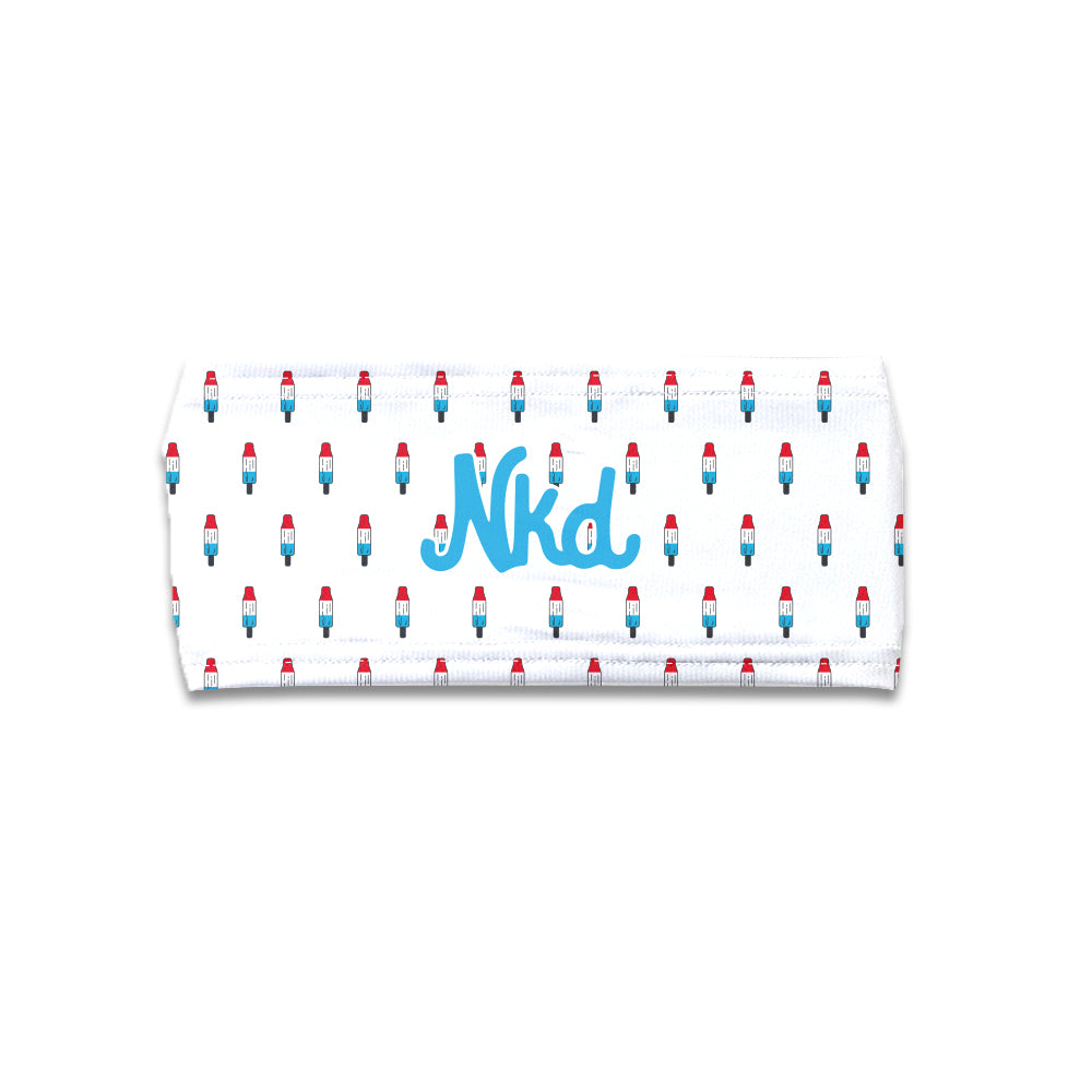 Photo of a white headband decorated with a popsicle pattern and a NKD in white on a white background.