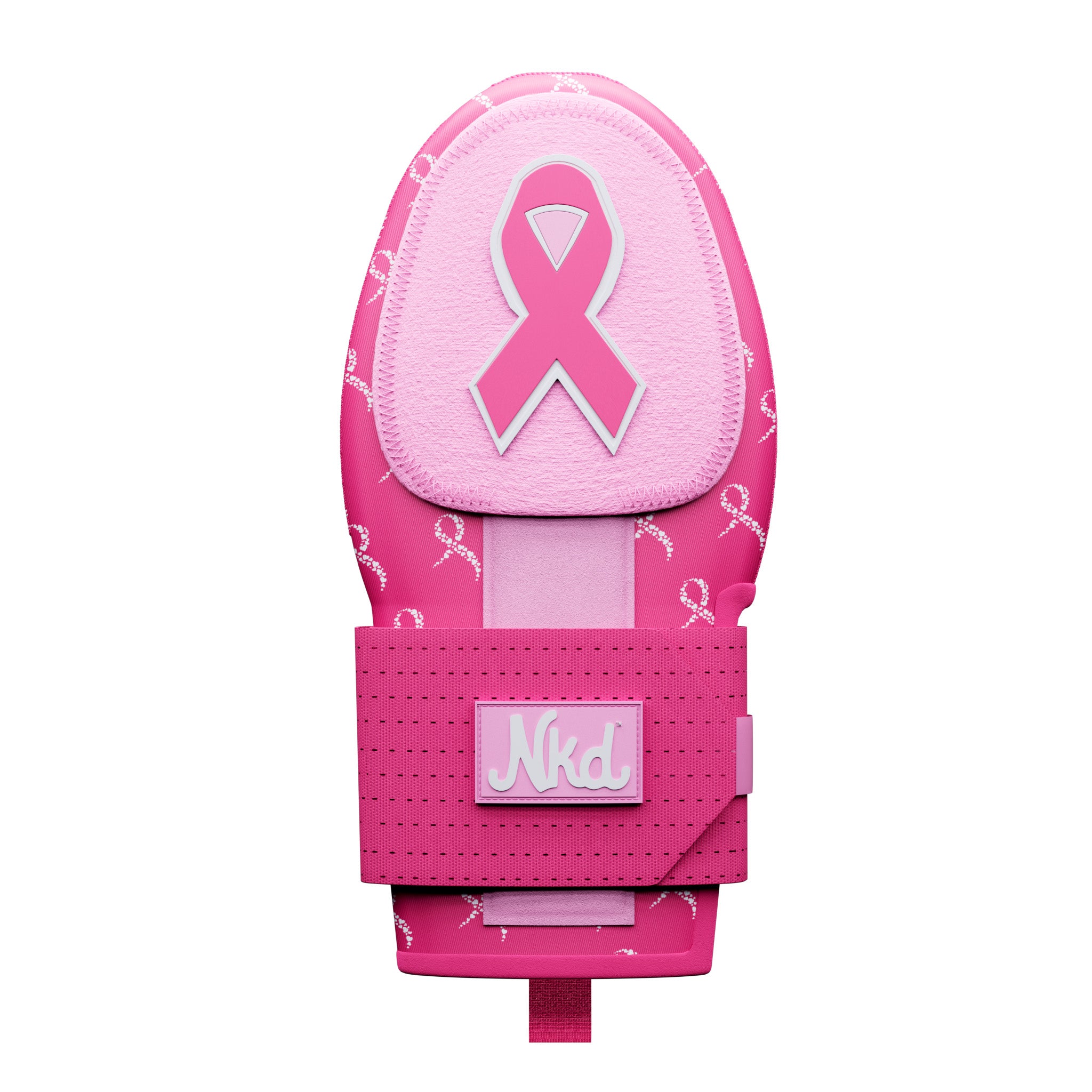 Pink sliding mitt supporting breast cancer research. Mitt has large pink ribbon rubber stamp at top, stitched into the mitt. Mitt has pink backdrop with hearts making shapes of ribbons on mitt surround. Strap has Nkd logo.