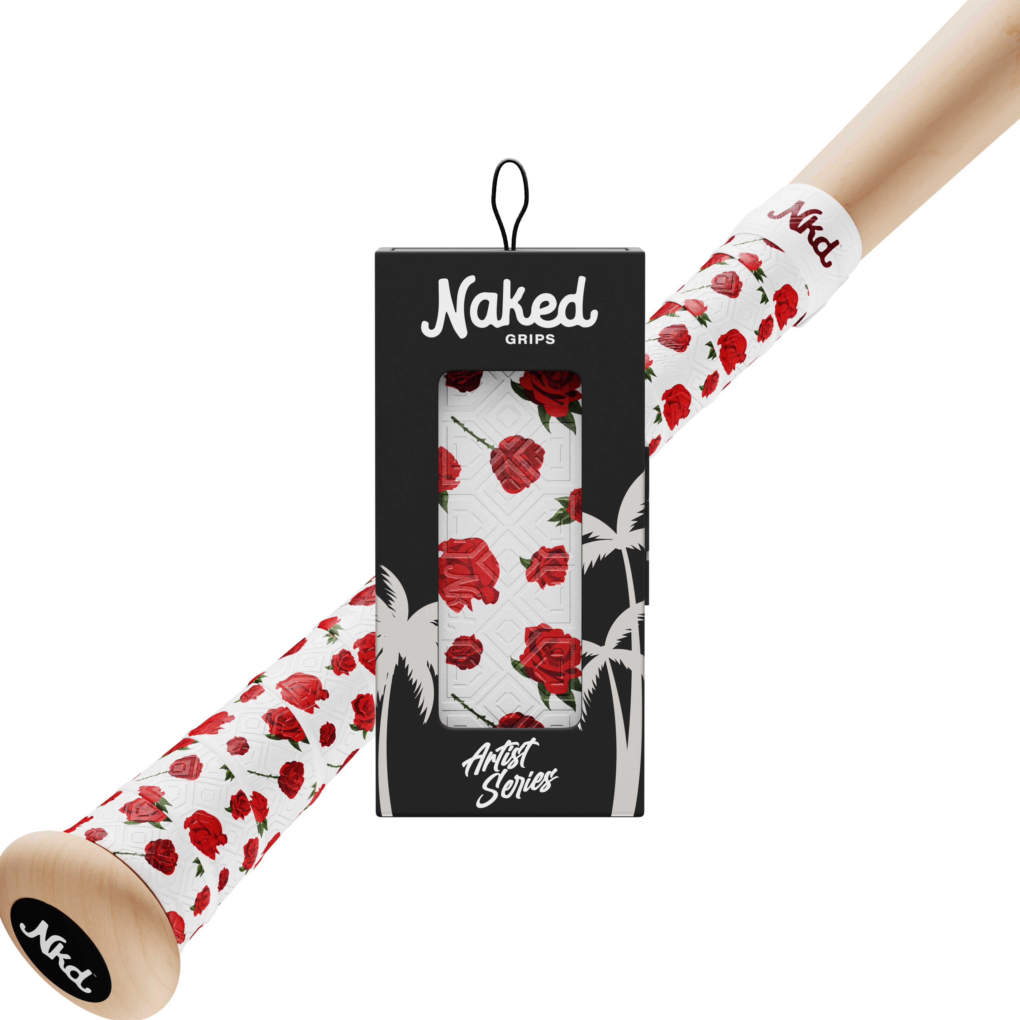 Naked grips Roses bat grip in its packaging with a wooden bat wrapped in the roses bat grip on a white background.