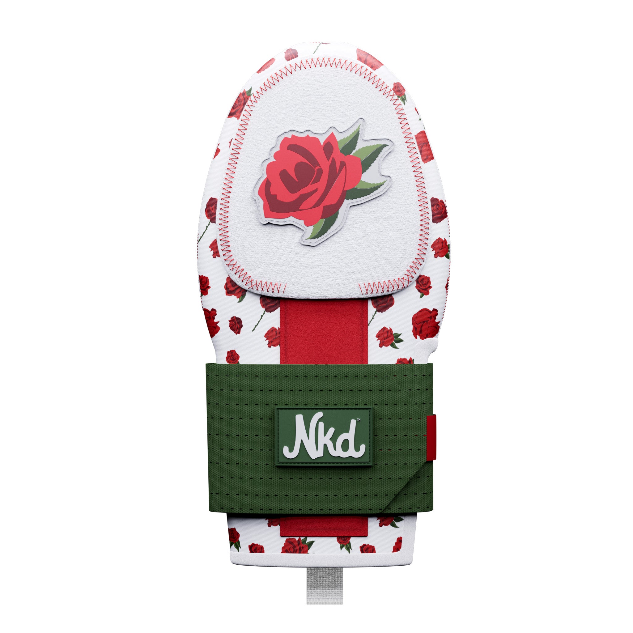 Photo of a sliding mitt decorated with a roses illustration and green elastic wrist strap on a white background.