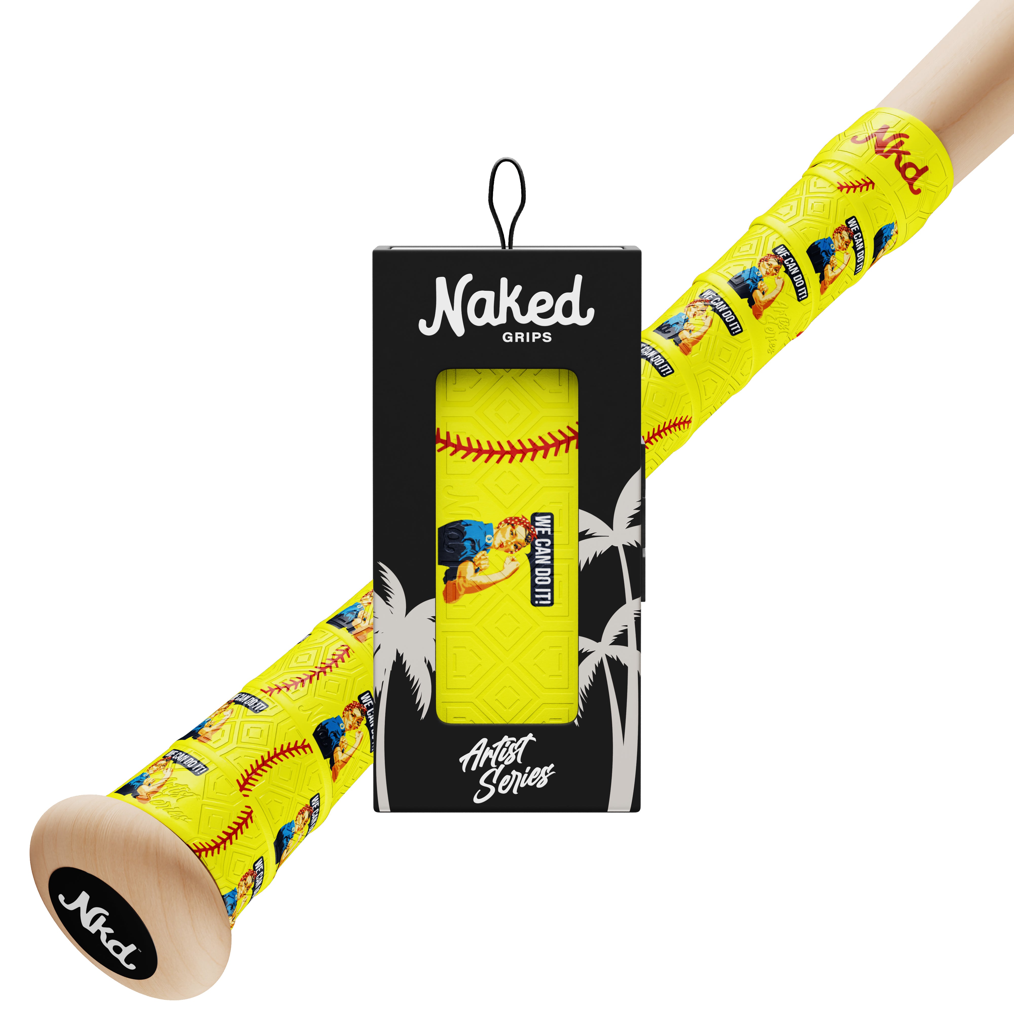 Black artist series grip box holding yellow Rosie the Riveter themed bat grip with softball seams across the grip. Fully wrapped bat handle with the same bat grip sits behind the package on a white background.